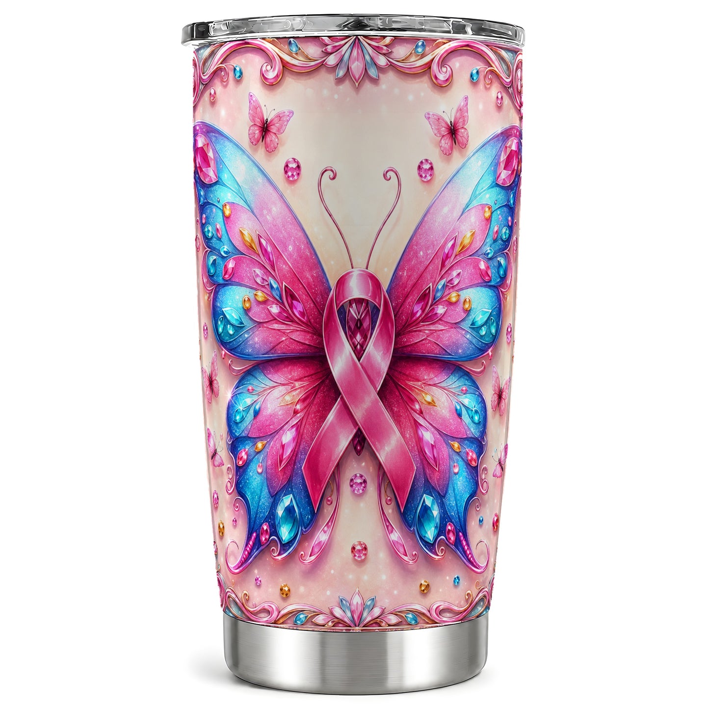 #pl[Steel] Pink Butterfly Tumbler 20oz, Ribbon Tumbler, Stainless Steel Travel Cup