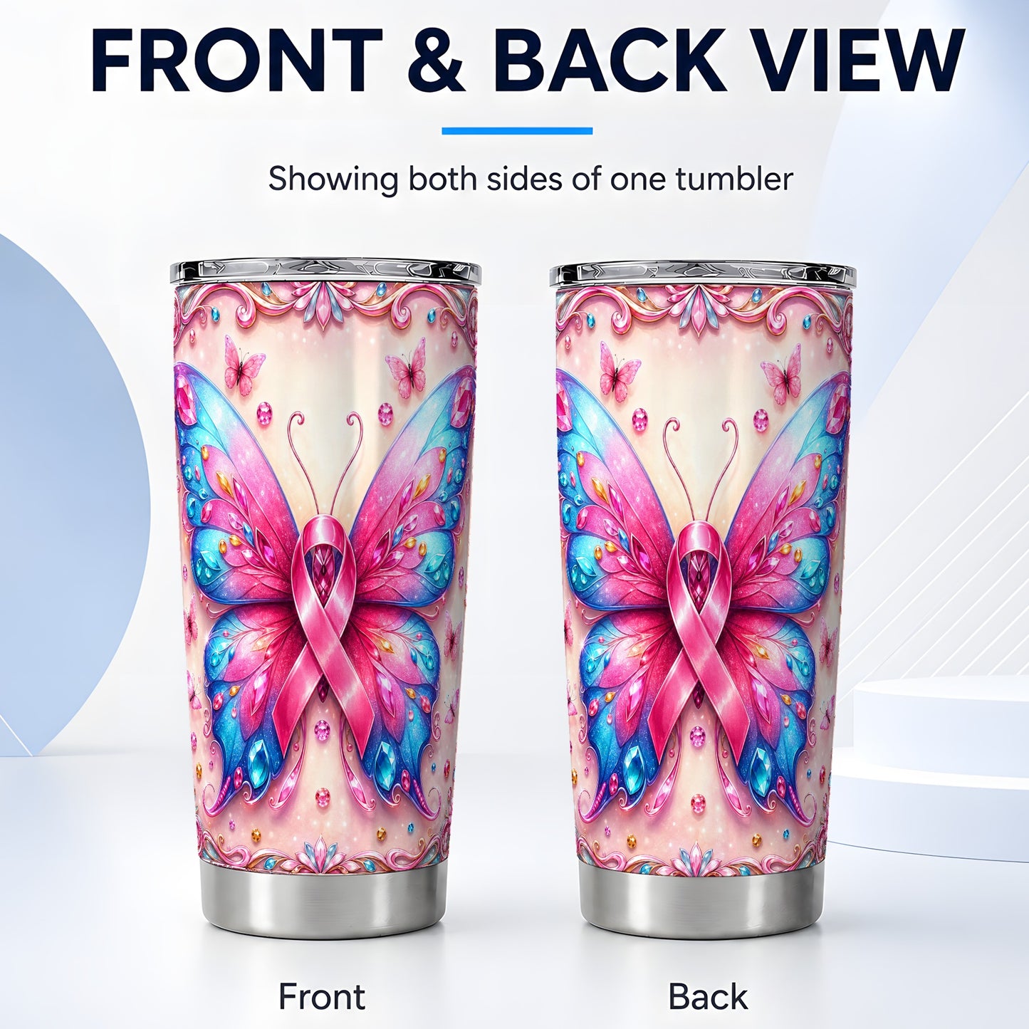 #pl[Steel] Pink Butterfly Tumbler 20oz, Ribbon Tumbler, Stainless Steel Travel Cup