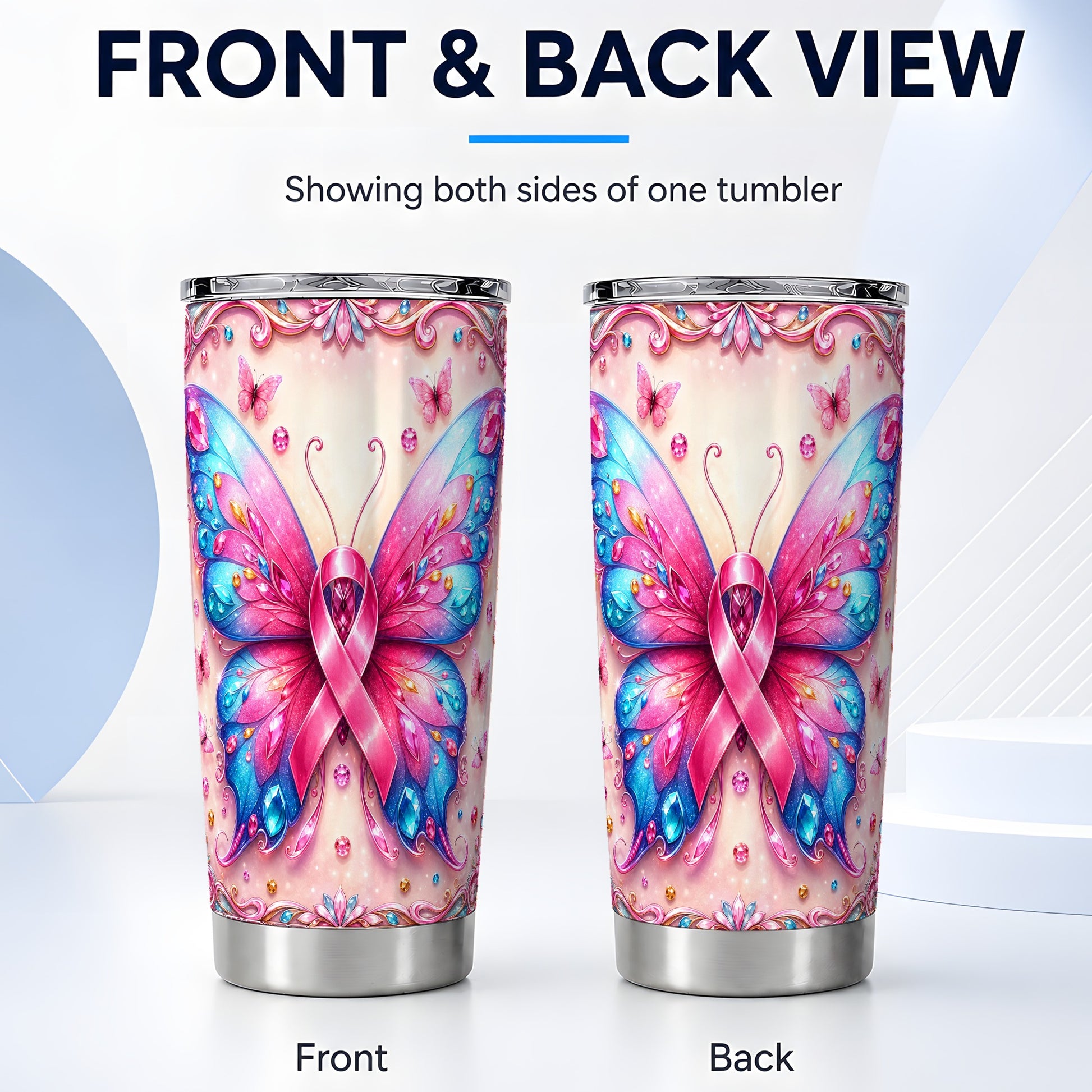 #pl[Steel] Pink Butterfly Tumbler 20oz, Ribbon Tumbler, Stainless Steel Travel Cup