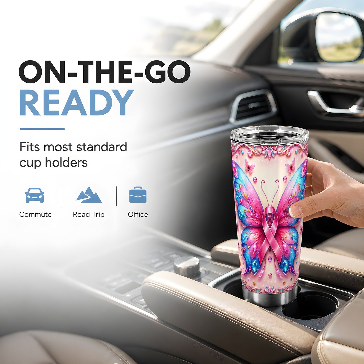 #pl[Steel] Pink Butterfly Tumbler 20oz, Ribbon Tumbler, Stainless Steel Travel Cup