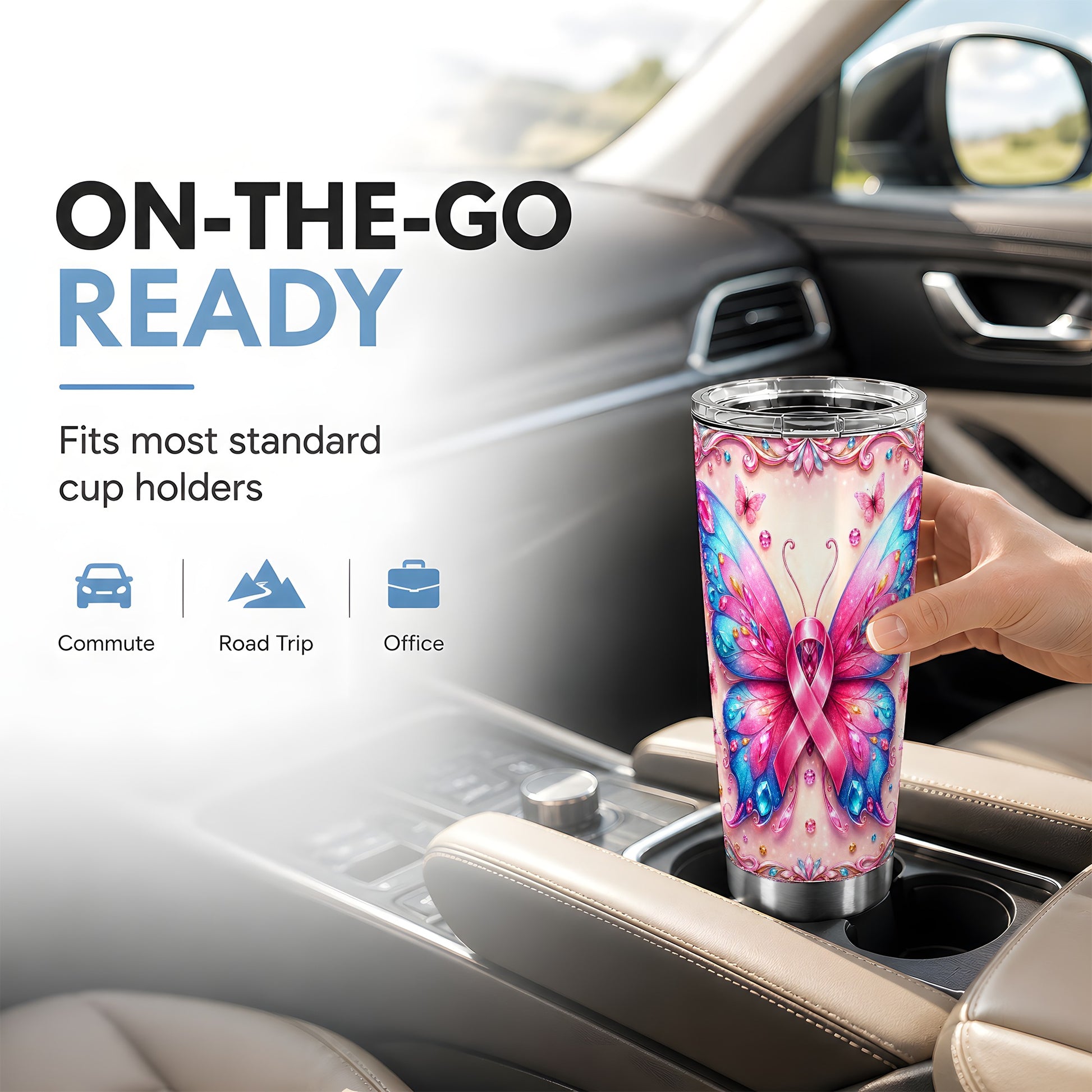 #pl[Steel] Pink Butterfly Tumbler 20oz, Ribbon Tumbler, Stainless Steel Travel Cup