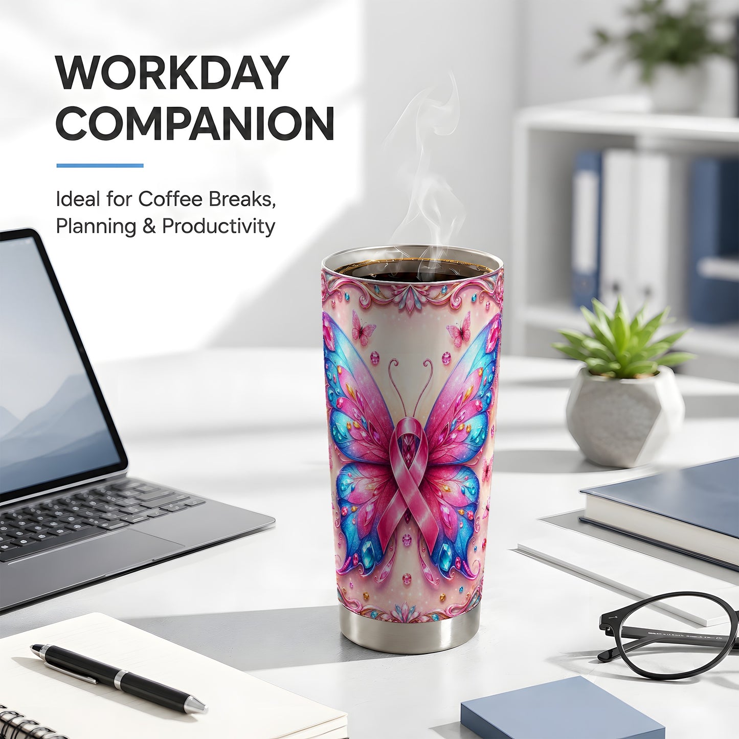 #pl[Steel] Pink Butterfly Tumbler 20oz, Ribbon Tumbler, Stainless Steel Travel Cup