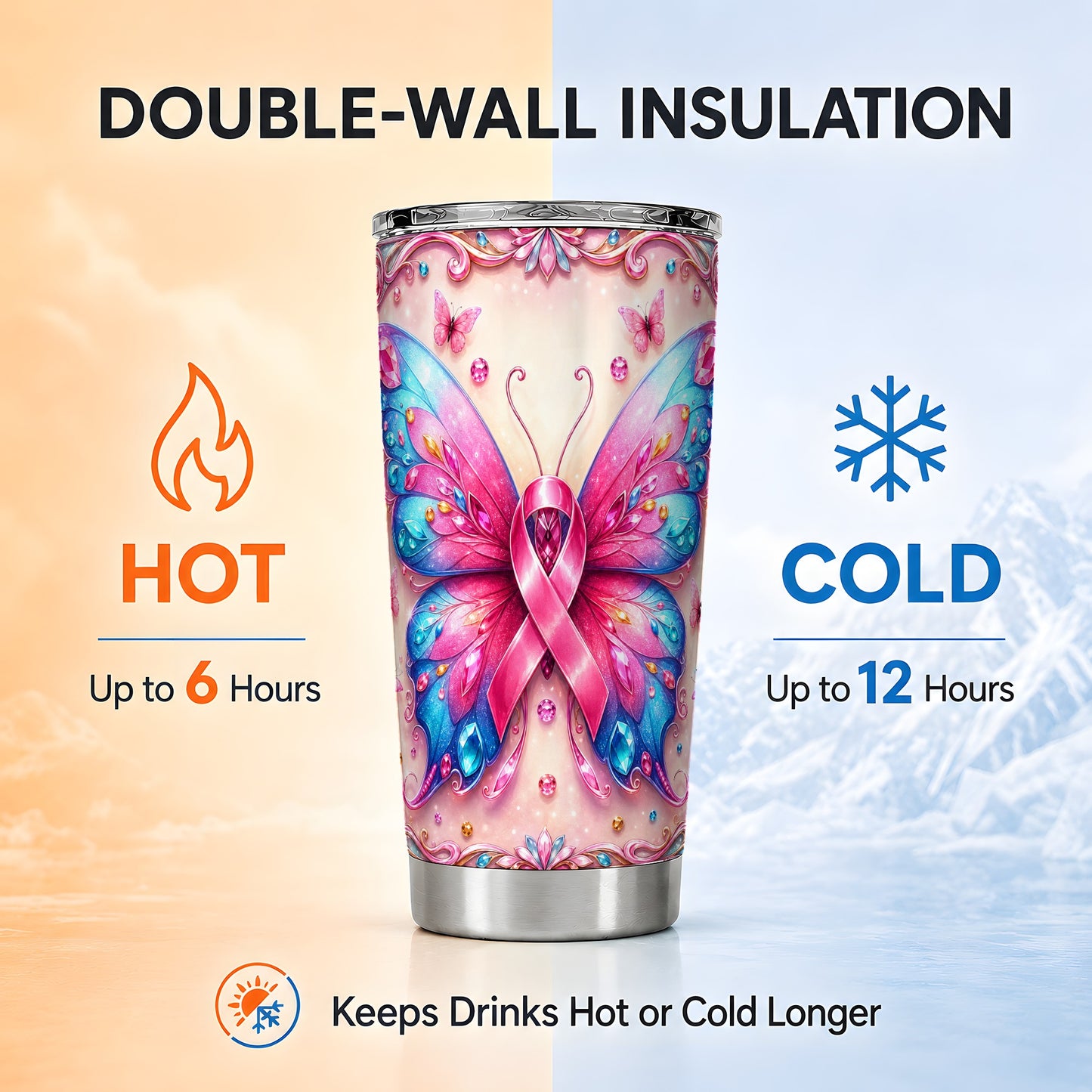 #pl[Steel] Pink Butterfly Tumbler 20oz, Ribbon Tumbler, Stainless Steel Travel Cup