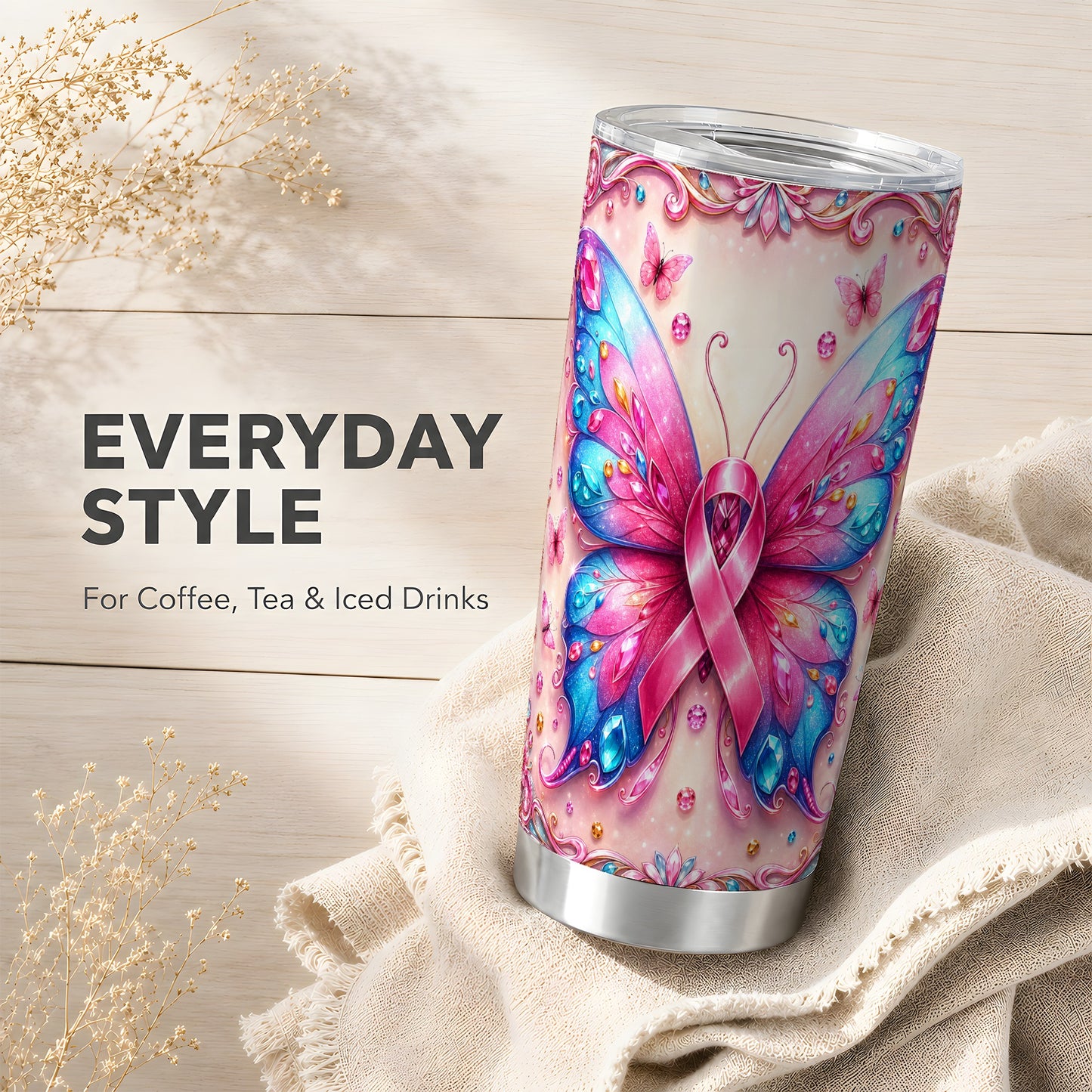 #pl[Steel] Pink Butterfly Tumbler 20oz, Ribbon Tumbler, Stainless Steel Travel Cup