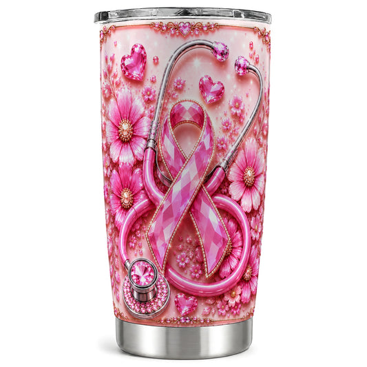 #pl[Steel] Pink Ribbon Tumbler 20oz, Jeweled Tumbler, Stainless Steel Travel Cup