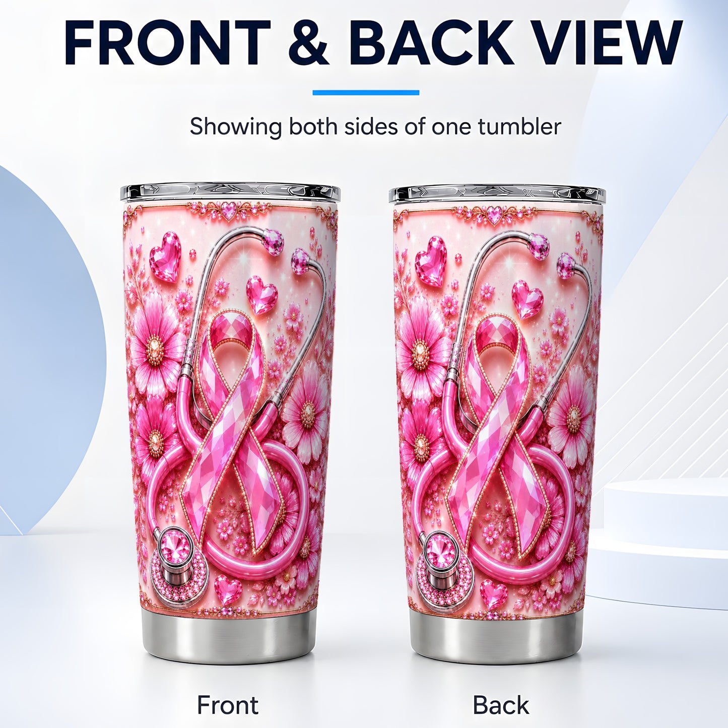 #pl[Steel] Pink Ribbon Tumbler 20oz, Jeweled Tumbler, Stainless Steel Travel Cup