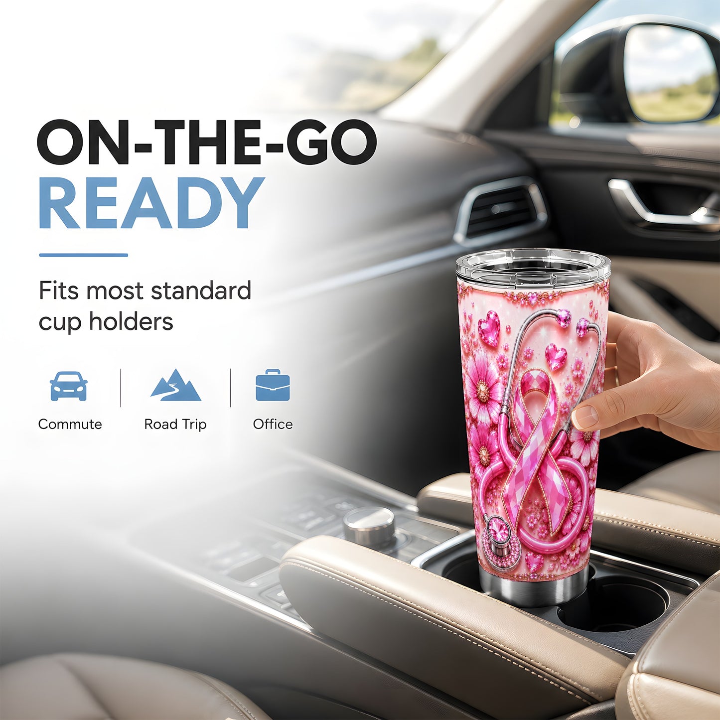 #pl[Steel] Pink Ribbon Tumbler 20oz, Jeweled Tumbler, Stainless Steel Travel Cup