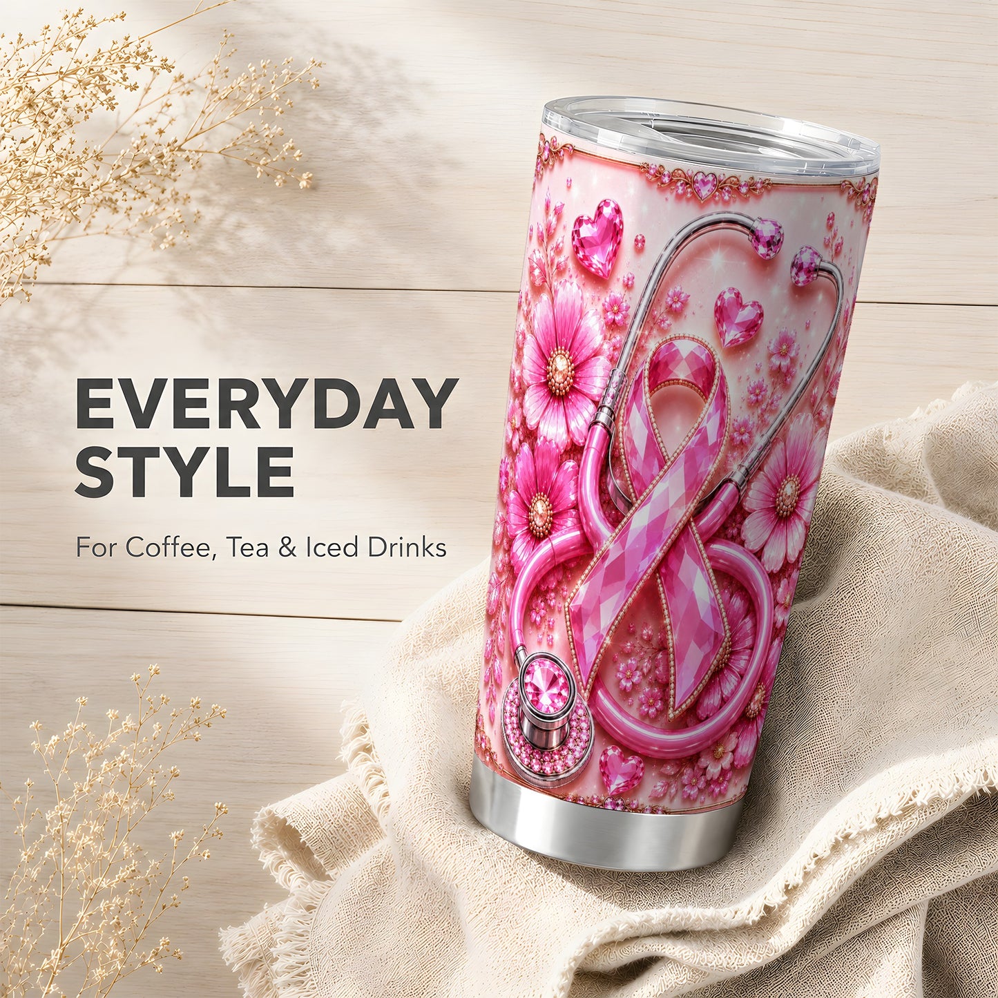 #pl[Steel] Pink Ribbon Tumbler 20oz, Jeweled Tumbler, Stainless Steel Travel Cup