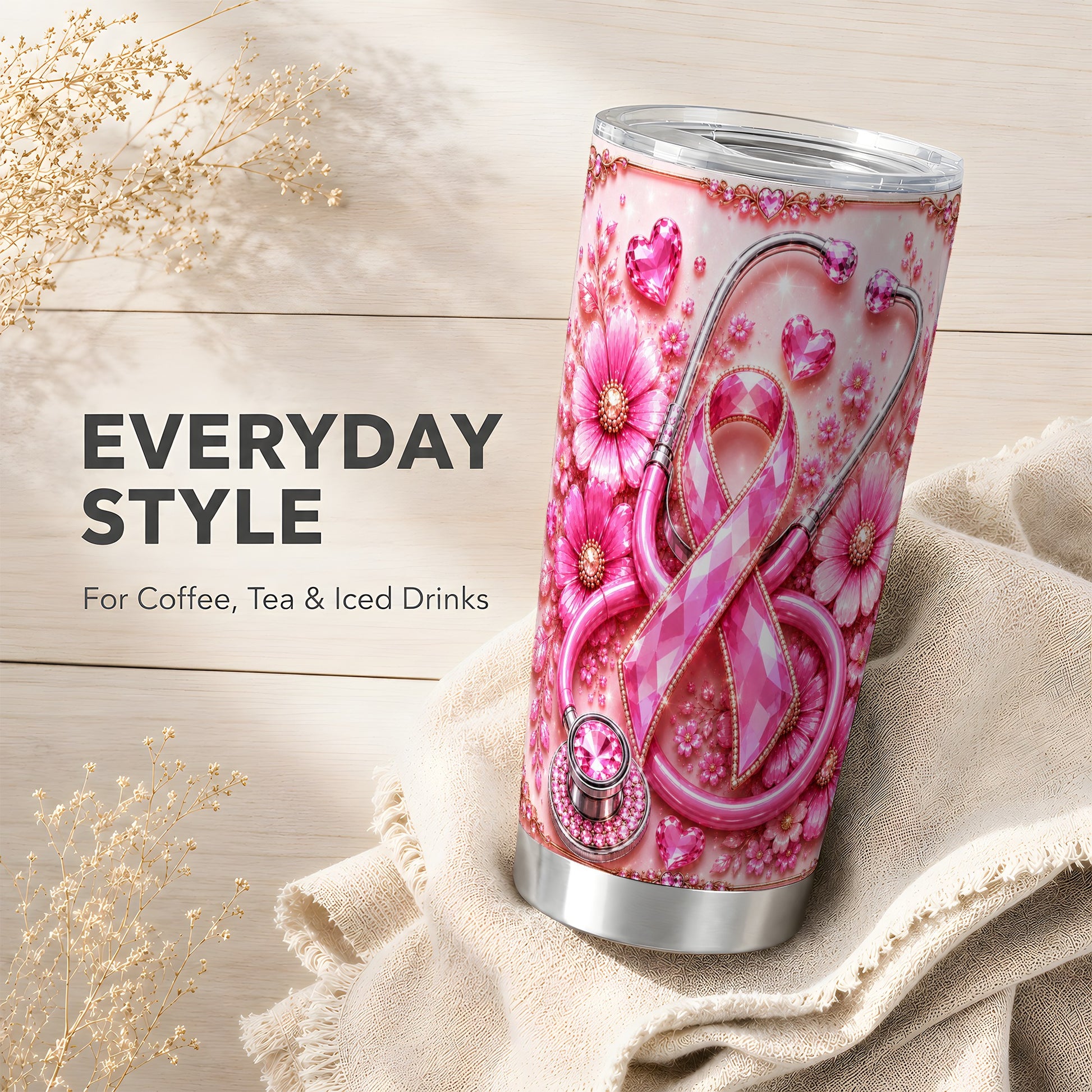 #pl[Steel] Pink Ribbon Tumbler 20oz, Jeweled Tumbler, Stainless Steel Travel Cup