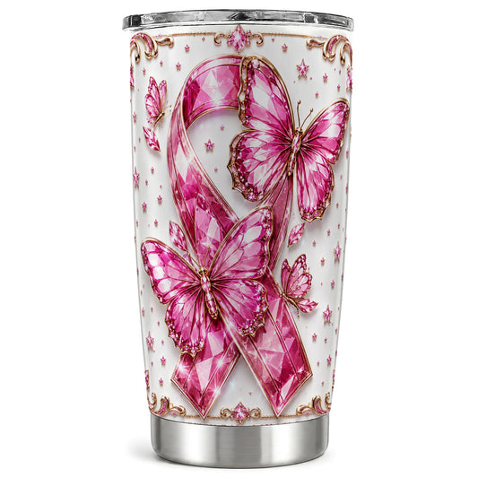 #pl[Steel] Pink Ribbon Tumbler 20oz, Butterfly Tumbler, Stainless Steel Travel Cup