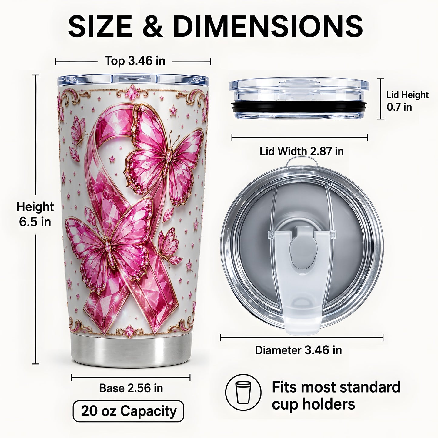 #pl[Steel] Pink Ribbon Tumbler 20oz, Butterfly Tumbler, Stainless Steel Travel Cup