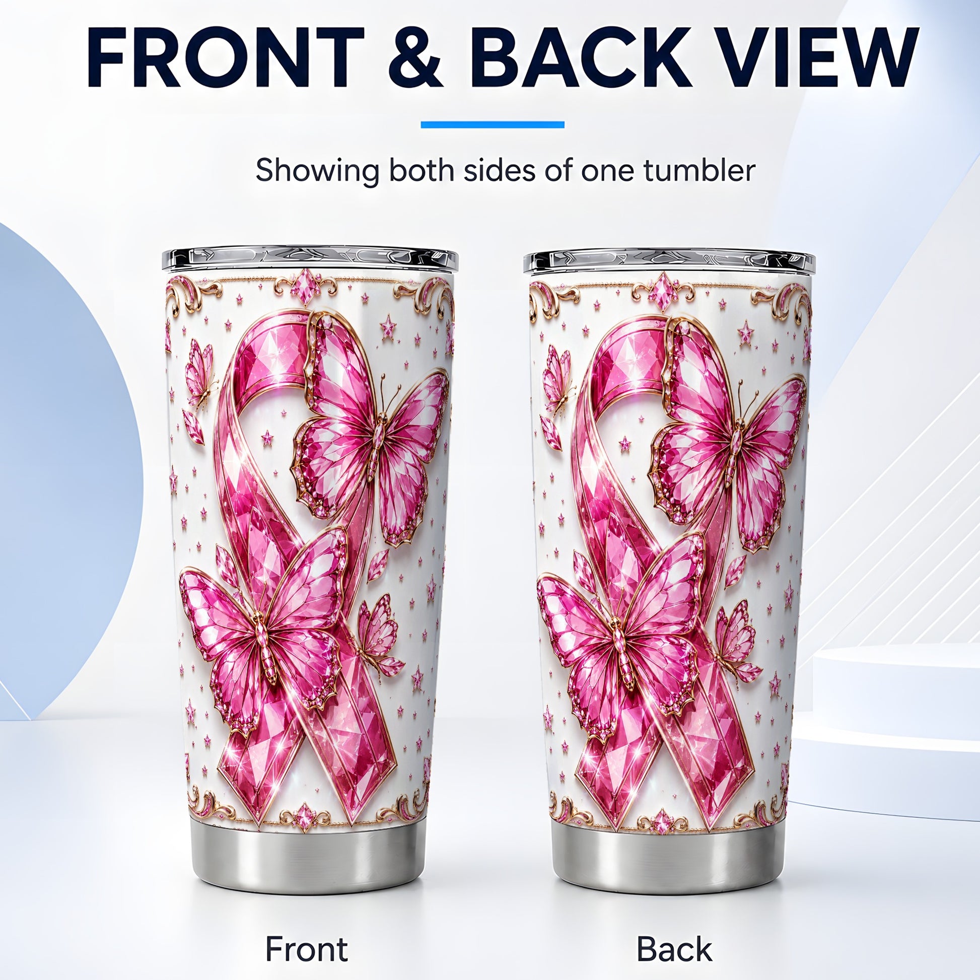 #pl[Steel] Pink Ribbon Tumbler 20oz, Butterfly Tumbler, Stainless Steel Travel Cup