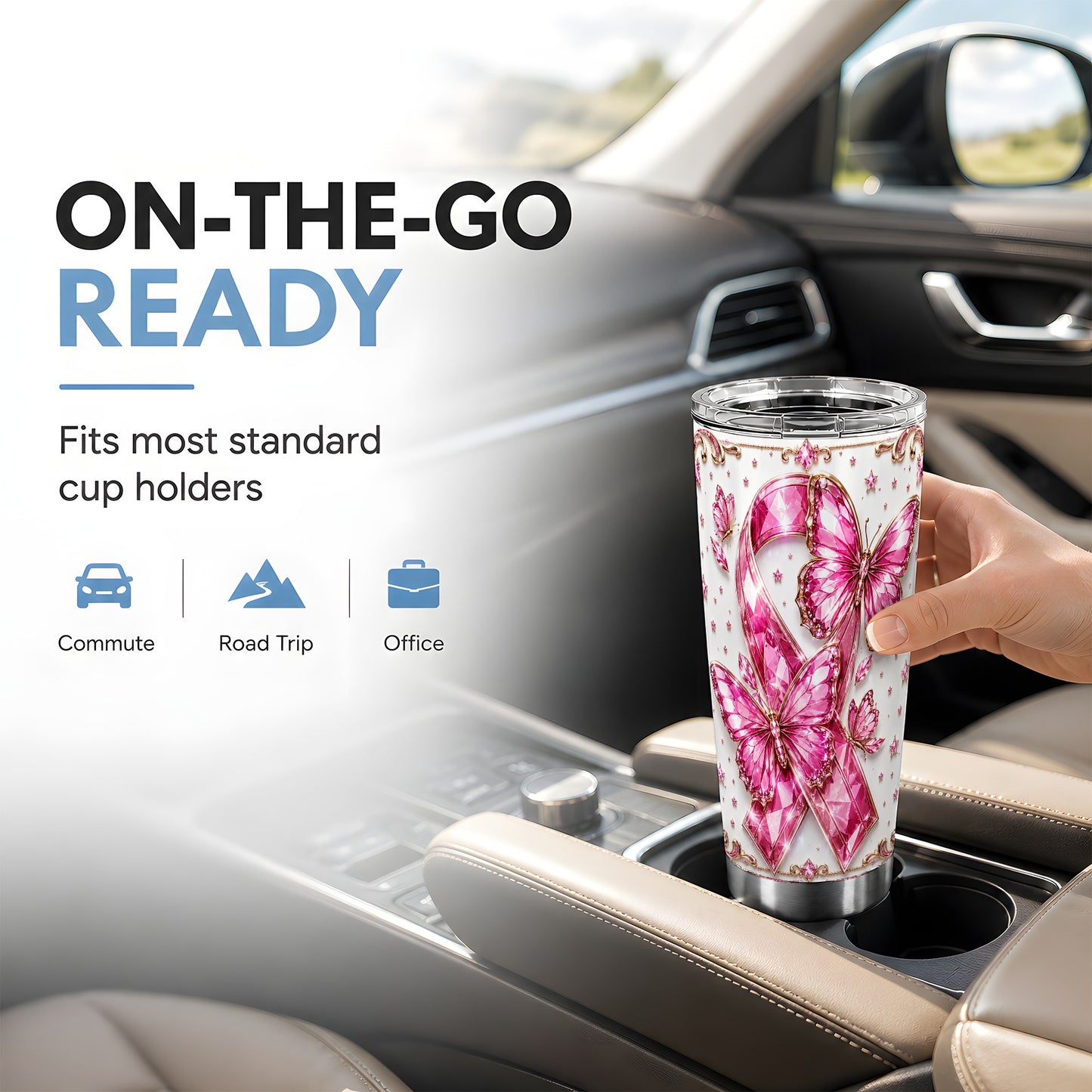 #pl[Steel] Pink Ribbon Tumbler 20oz, Butterfly Tumbler, Stainless Steel Travel Cup