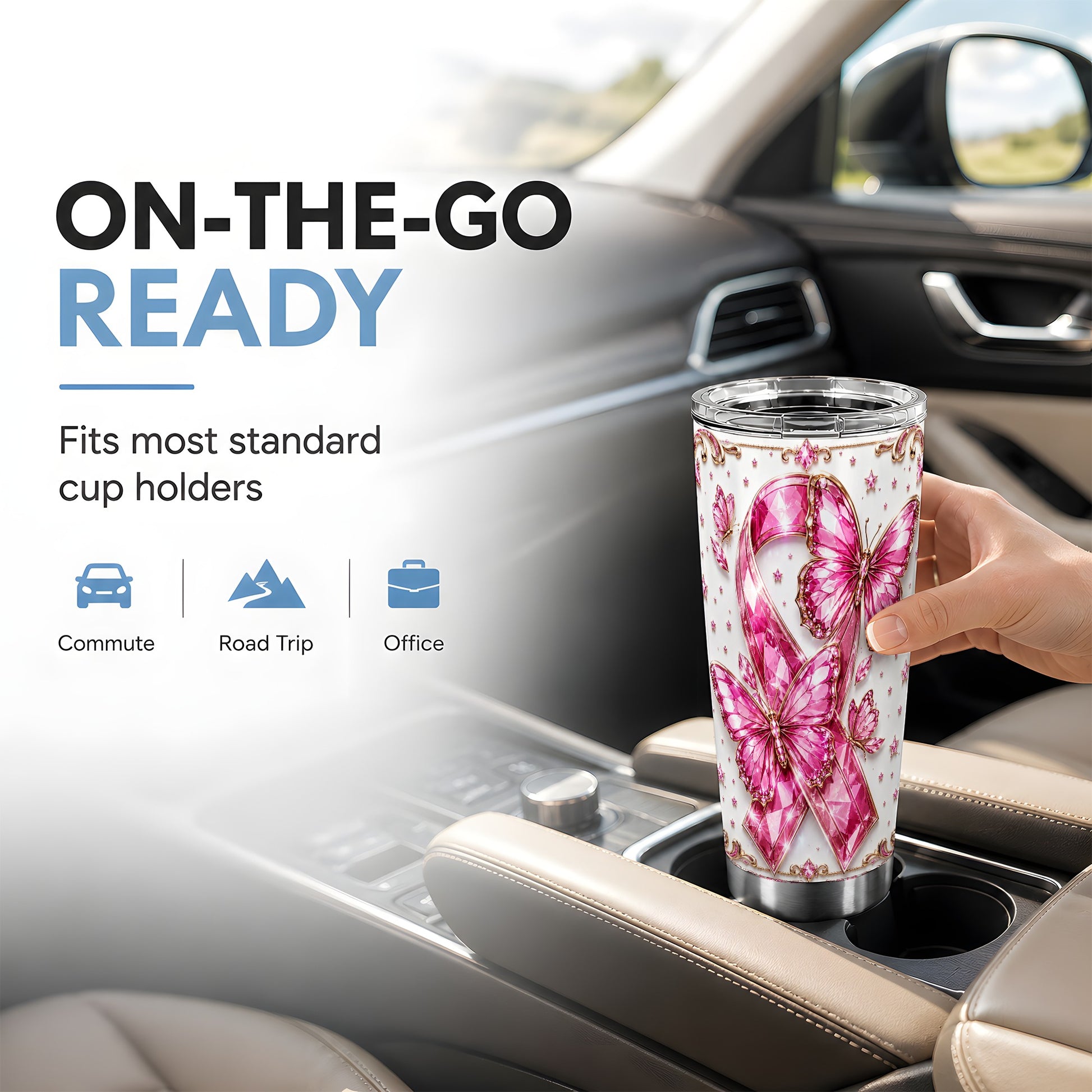 #pl[Steel] Pink Ribbon Tumbler 20oz, Butterfly Tumbler, Stainless Steel Travel Cup
