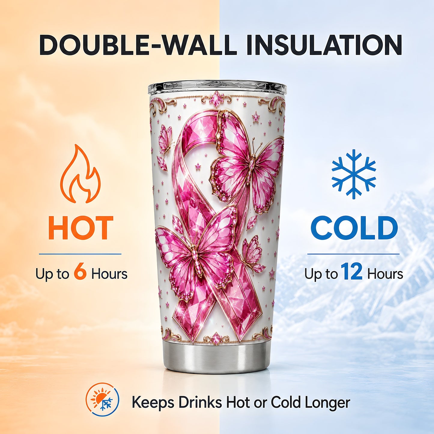 #pl[Steel] Pink Ribbon Tumbler 20oz, Butterfly Tumbler, Stainless Steel Travel Cup