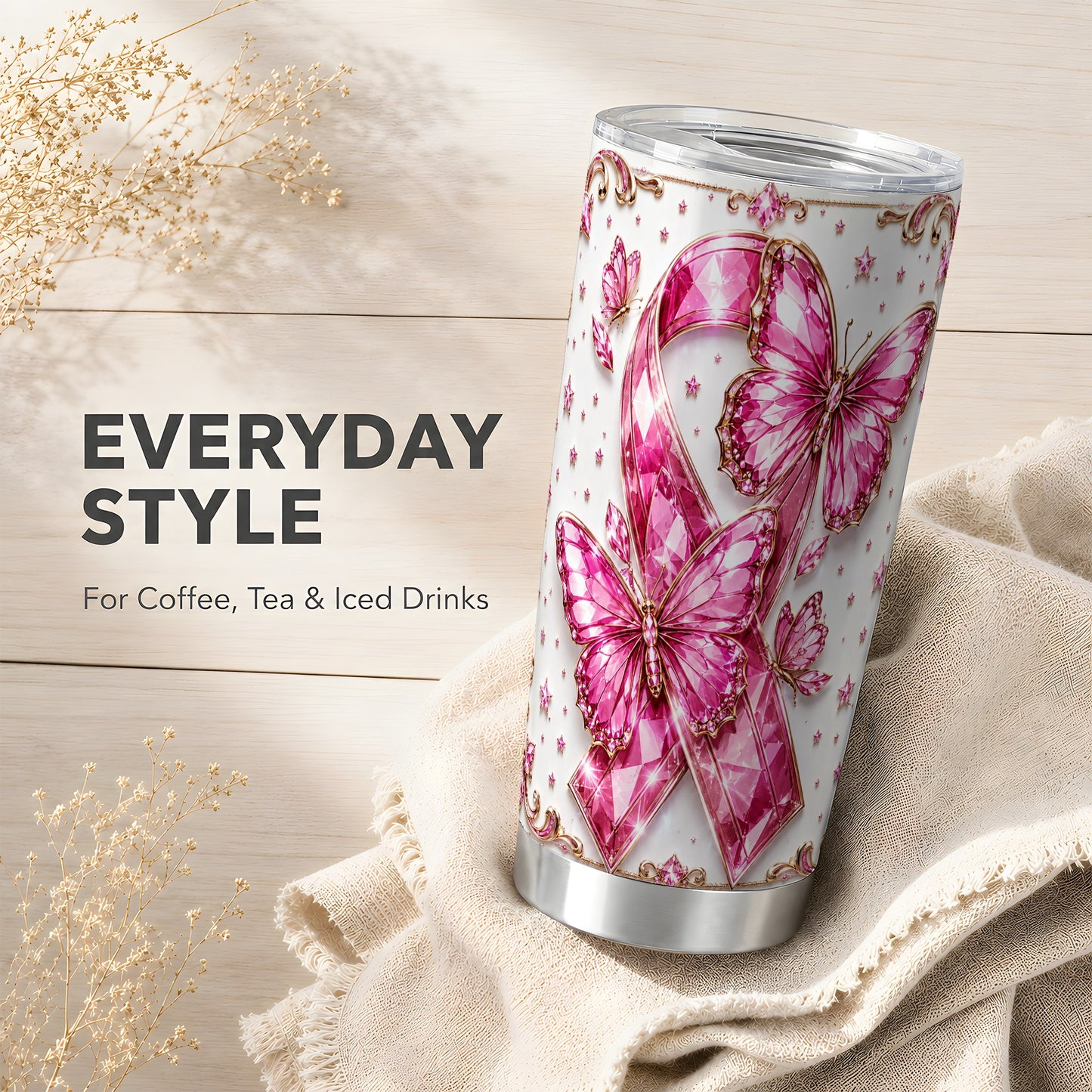#pl[Steel] Pink Ribbon Tumbler 20oz, Butterfly Tumbler, Stainless Steel Travel Cup