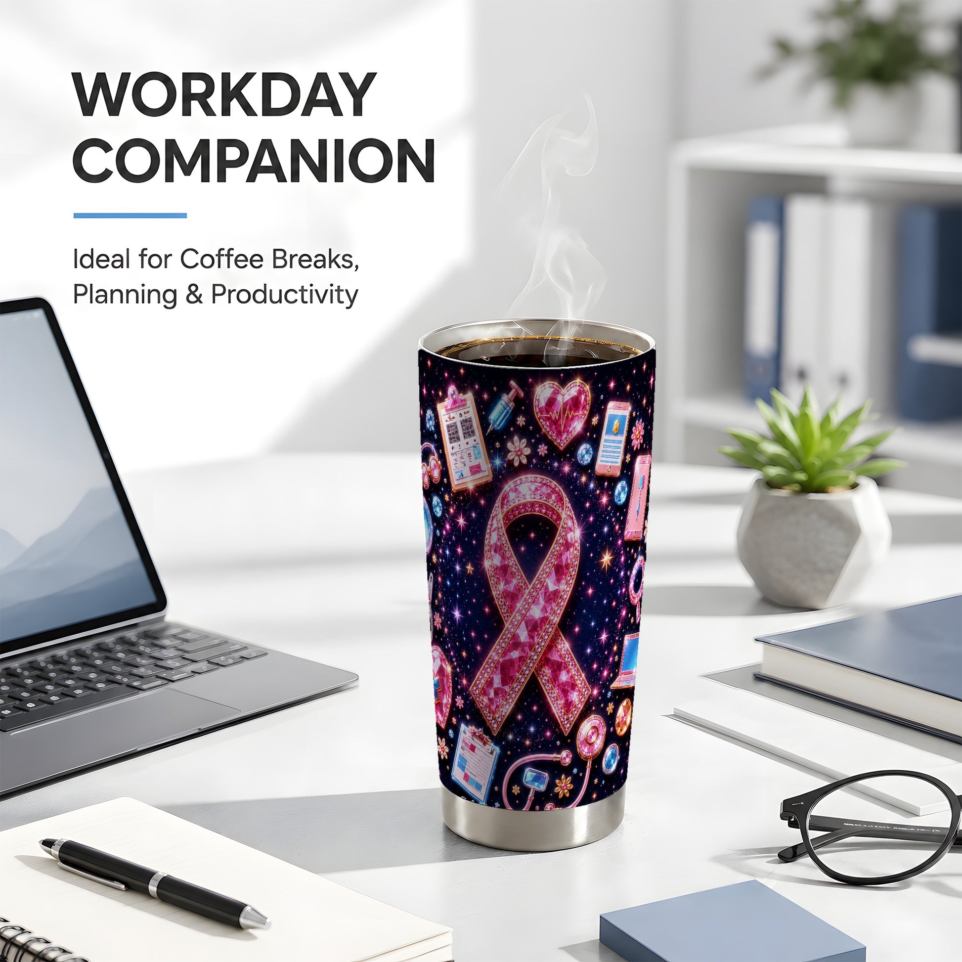 #pl[Steel] Pink Ribbon Tumbler 20oz, Medical Tumbler, Stainless Steel Travel Cup