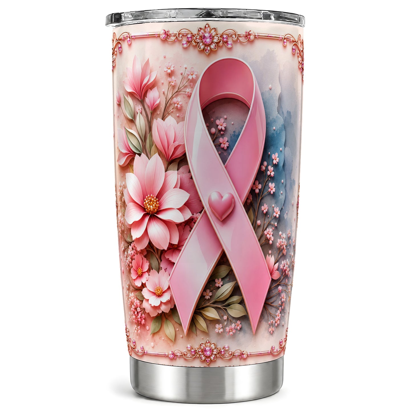 #pl[Steel] Pink Ribbon Tumbler 20oz, Floral Tumbler, Stainless Steel Travel Cup
