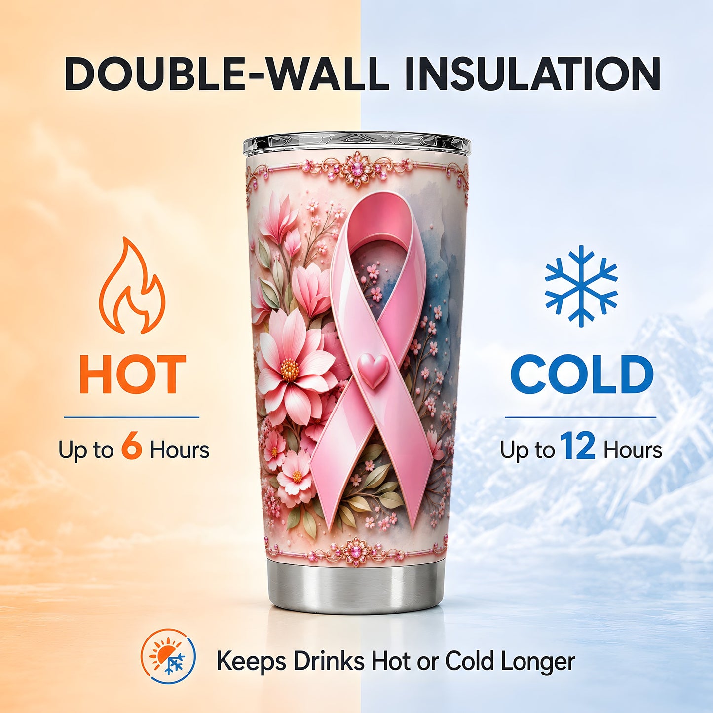 #pl[Steel] Pink Ribbon Tumbler 20oz, Floral Tumbler, Stainless Steel Travel Cup