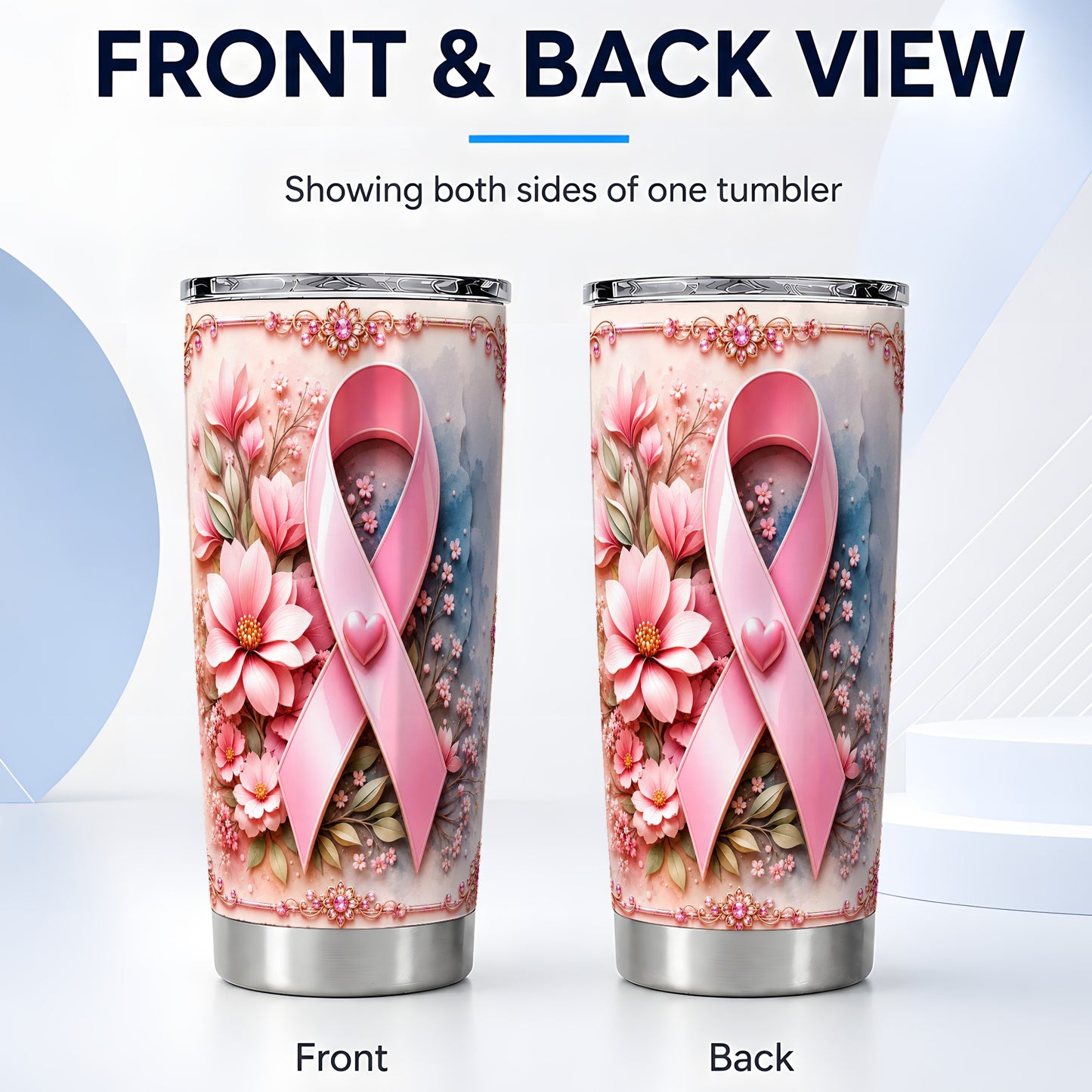 #pl[Steel] Pink Ribbon Tumbler 20oz, Floral Tumbler, Stainless Steel Travel Cup
