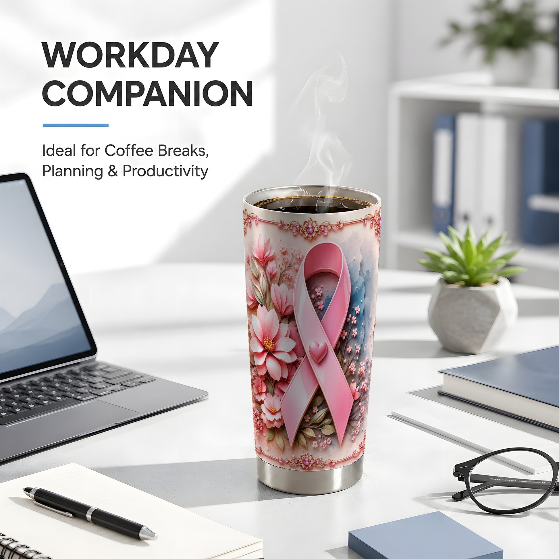 #pl[Steel] Pink Ribbon Tumbler 20oz, Floral Tumbler, Stainless Steel Travel Cup