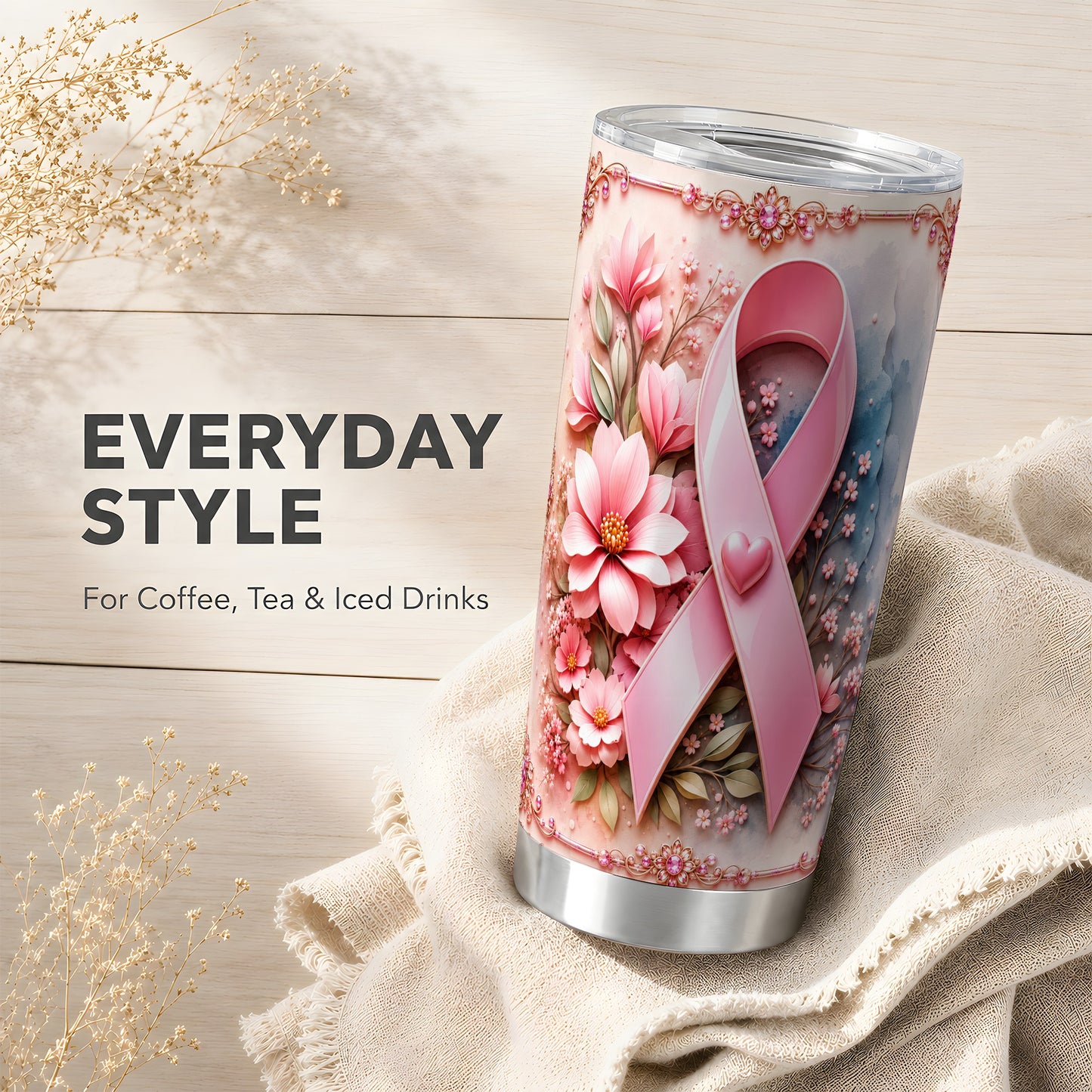 #pl[Steel] Pink Ribbon Tumbler 20oz, Floral Tumbler, Stainless Steel Travel Cup