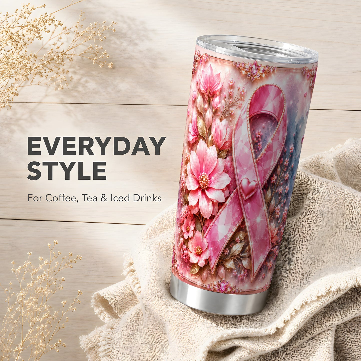 #pl[Steel] Gemstone Ribbon Tumbler 20oz, Floral Tumbler, Stainless Steel Travel Cup