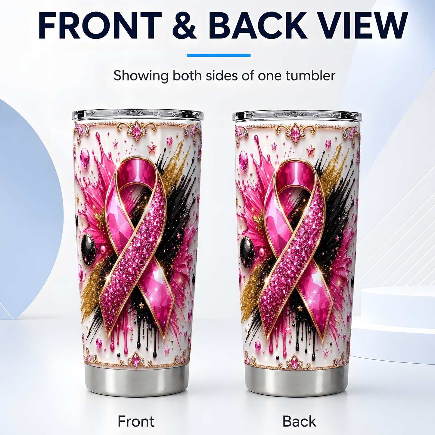 #pl[Steel] Pink Ribbon Abstract Tumbler 20oz, Gem Tumbler, Stainless Steel Travel Cup