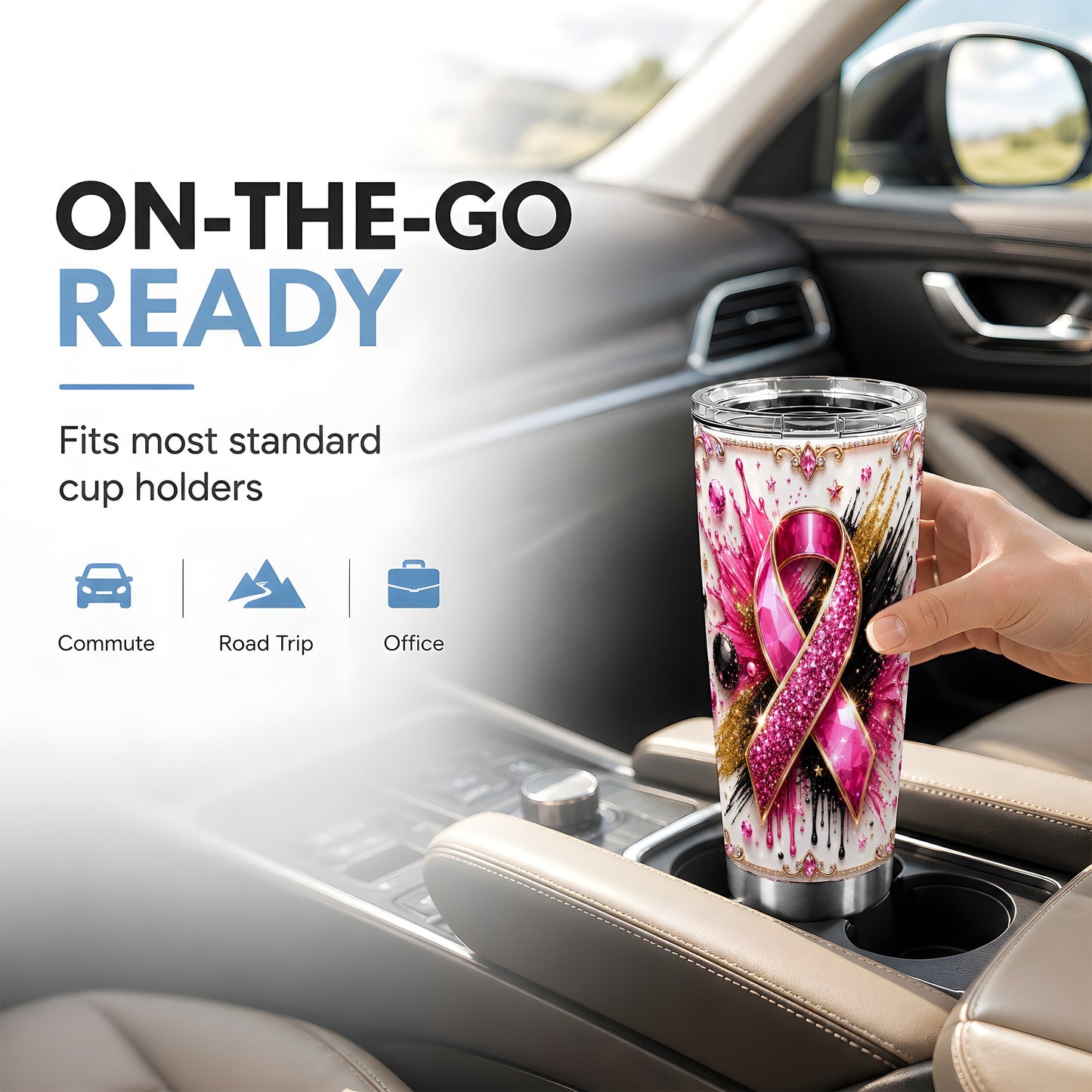 #pl[Steel] Pink Ribbon Abstract Tumbler 20oz, Gem Tumbler, Stainless Steel Travel Cup