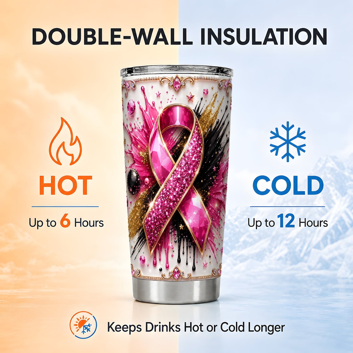 #pl[Steel] Pink Ribbon Abstract Tumbler 20oz, Gem Tumbler, Stainless Steel Travel Cup