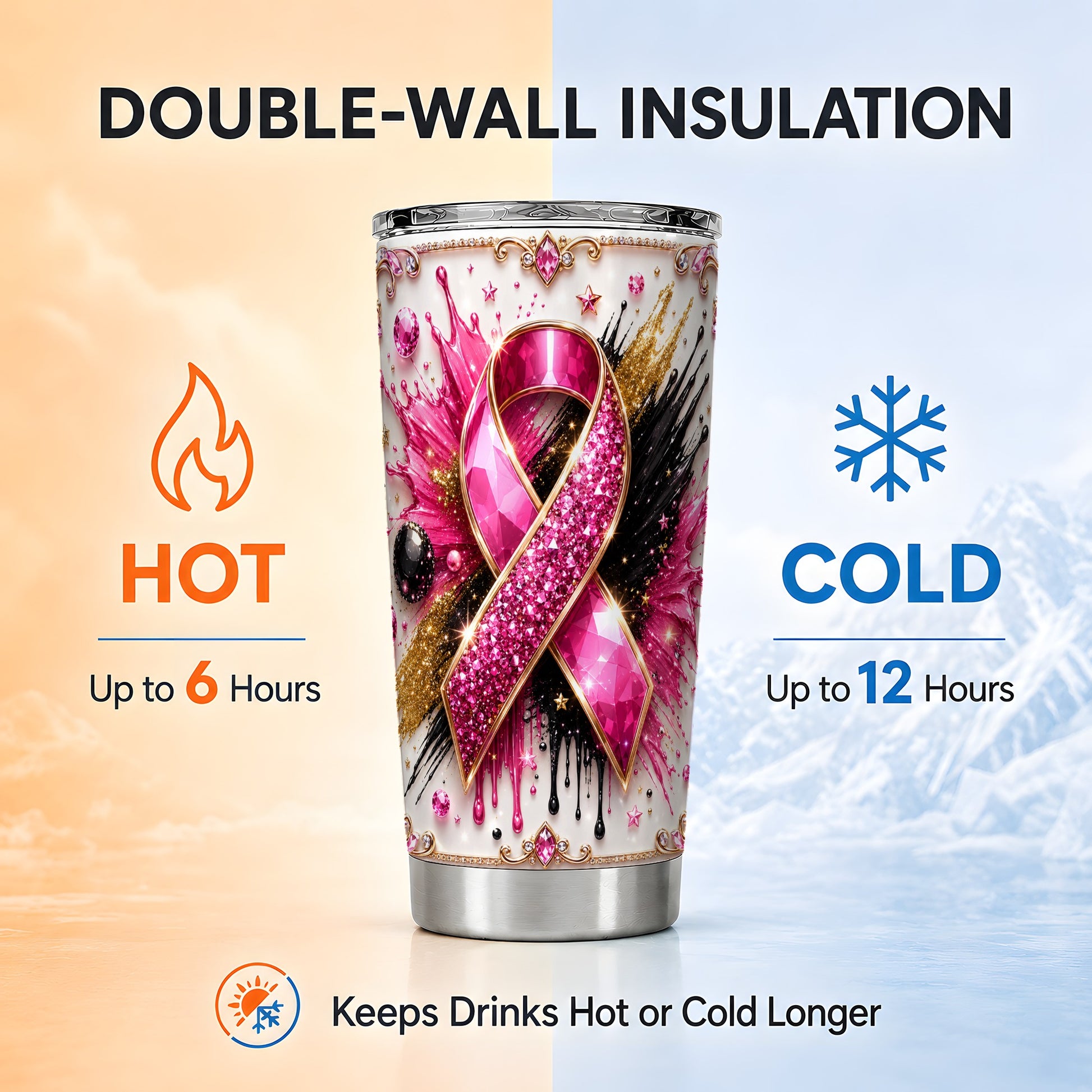 #pl[Steel] Pink Ribbon Abstract Tumbler 20oz, Gem Tumbler, Stainless Steel Travel Cup