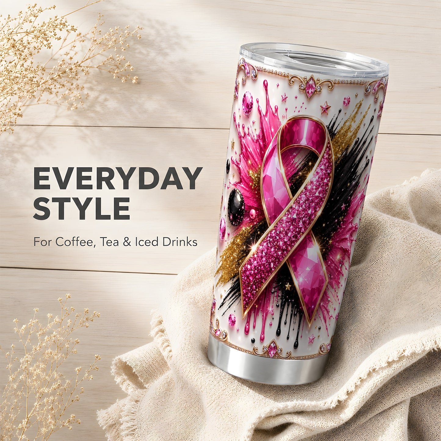 #pl[Steel] Pink Ribbon Abstract Tumbler 20oz, Gem Tumbler, Stainless Steel Travel Cup