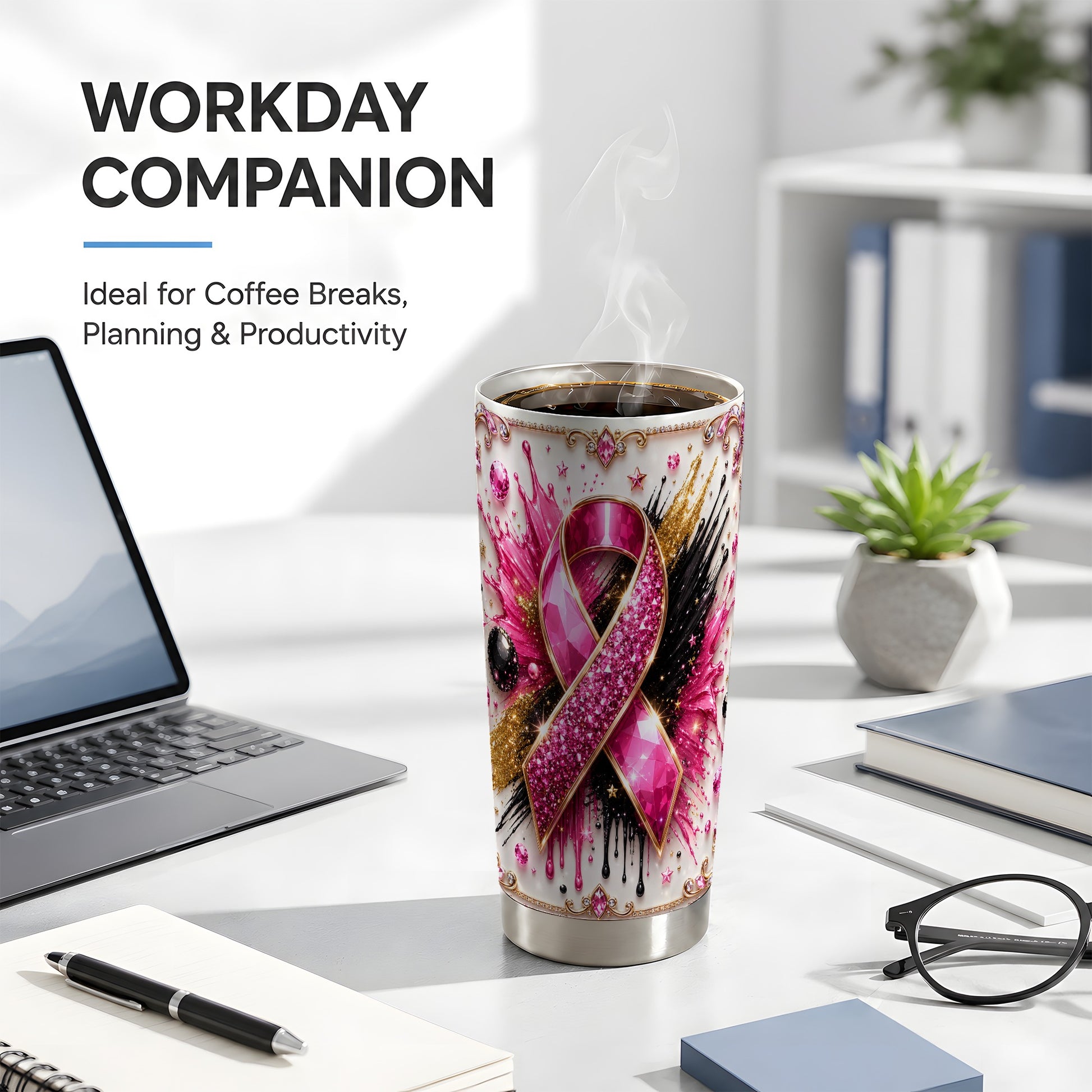 #pl[Steel] Pink Ribbon Abstract Tumbler 20oz, Gem Tumbler, Stainless Steel Travel Cup