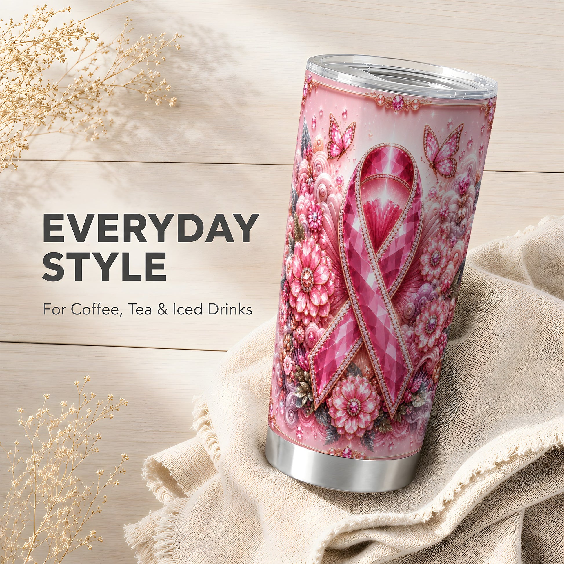 #pl[Steel] Butterfly Ribbon Tumbler 20oz, Floral Tumbler, Stainless Steel Travel Cup