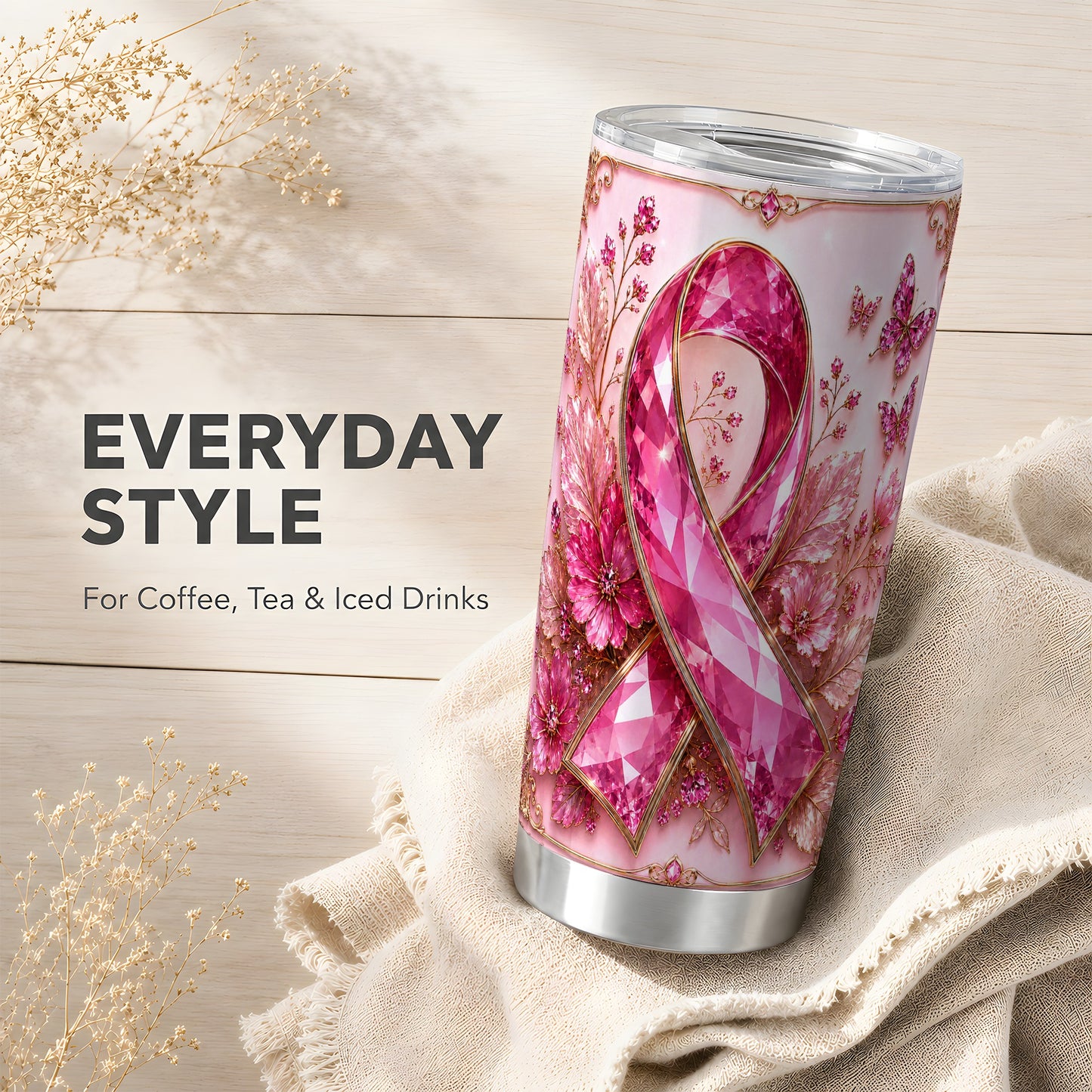 #pl[Steel] Botanical Ribbon Tumbler 20oz, Floral Tumbler, Stainless Steel Travel Cup
