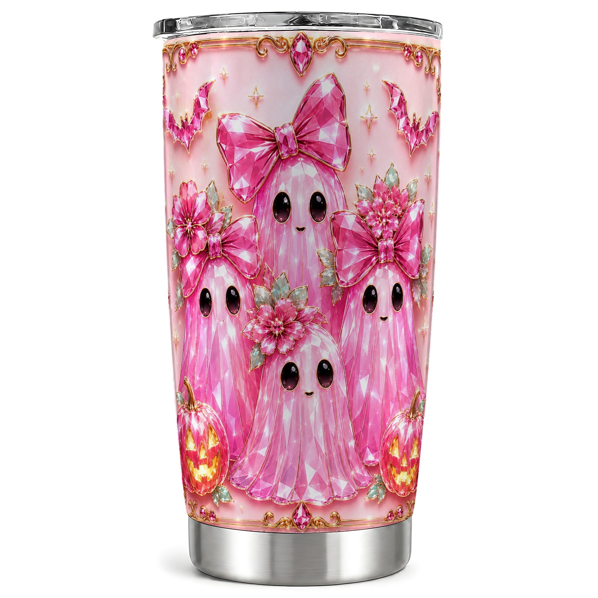 #pl[Steel] Pink Ghost Tumbler 20oz, Halloween Tumbler, Stainless Steel Travel Cup