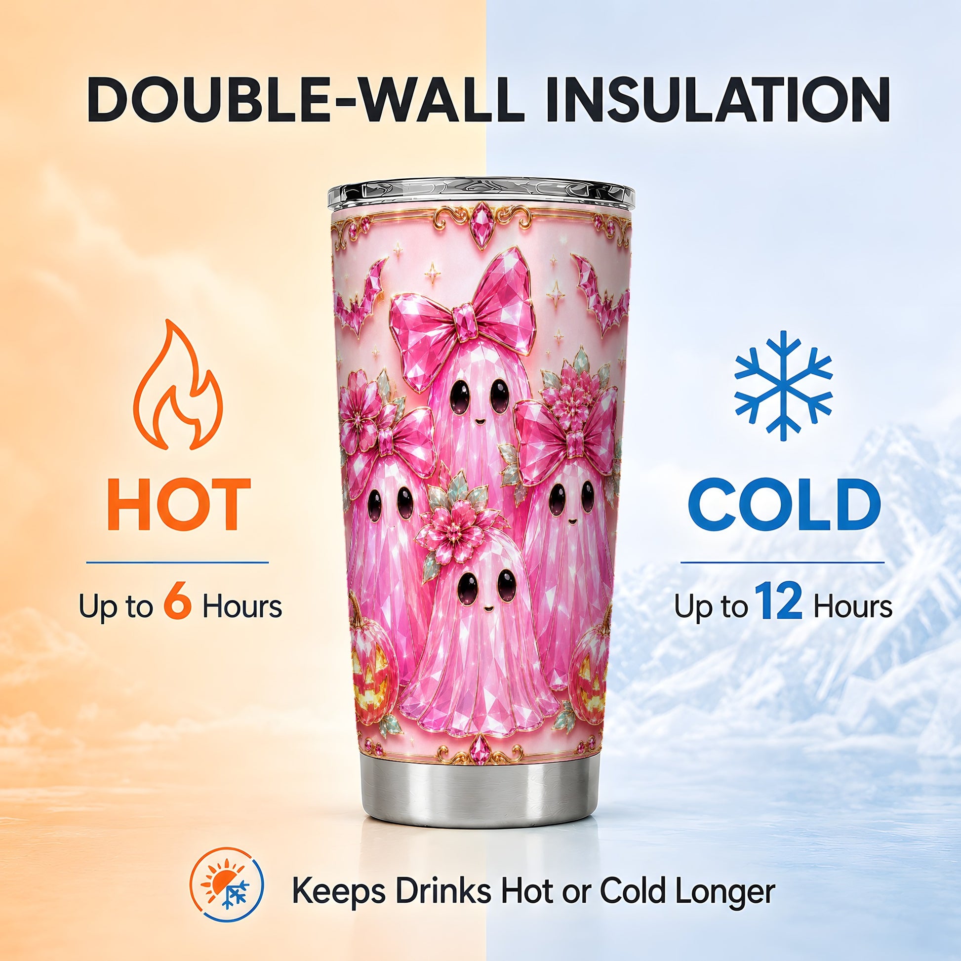 #pl[Steel] Pink Ghost Tumbler 20oz, Halloween Tumbler, Stainless Steel Travel Cup