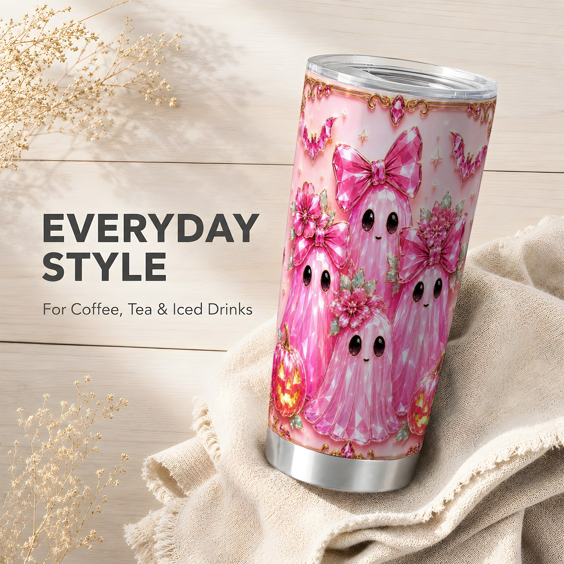 #pl[Steel] Pink Ghost Tumbler 20oz, Halloween Tumbler, Stainless Steel Travel Cup
