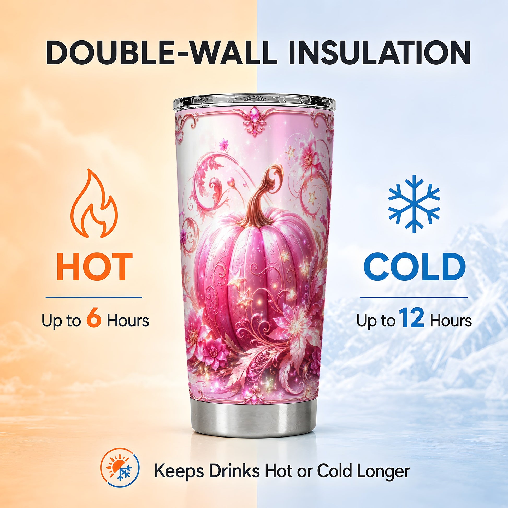 #pl[Steel] Floral Pumpkin Tumbler 20oz, Autumn Tumbler, Stainless Steel Travel Cup