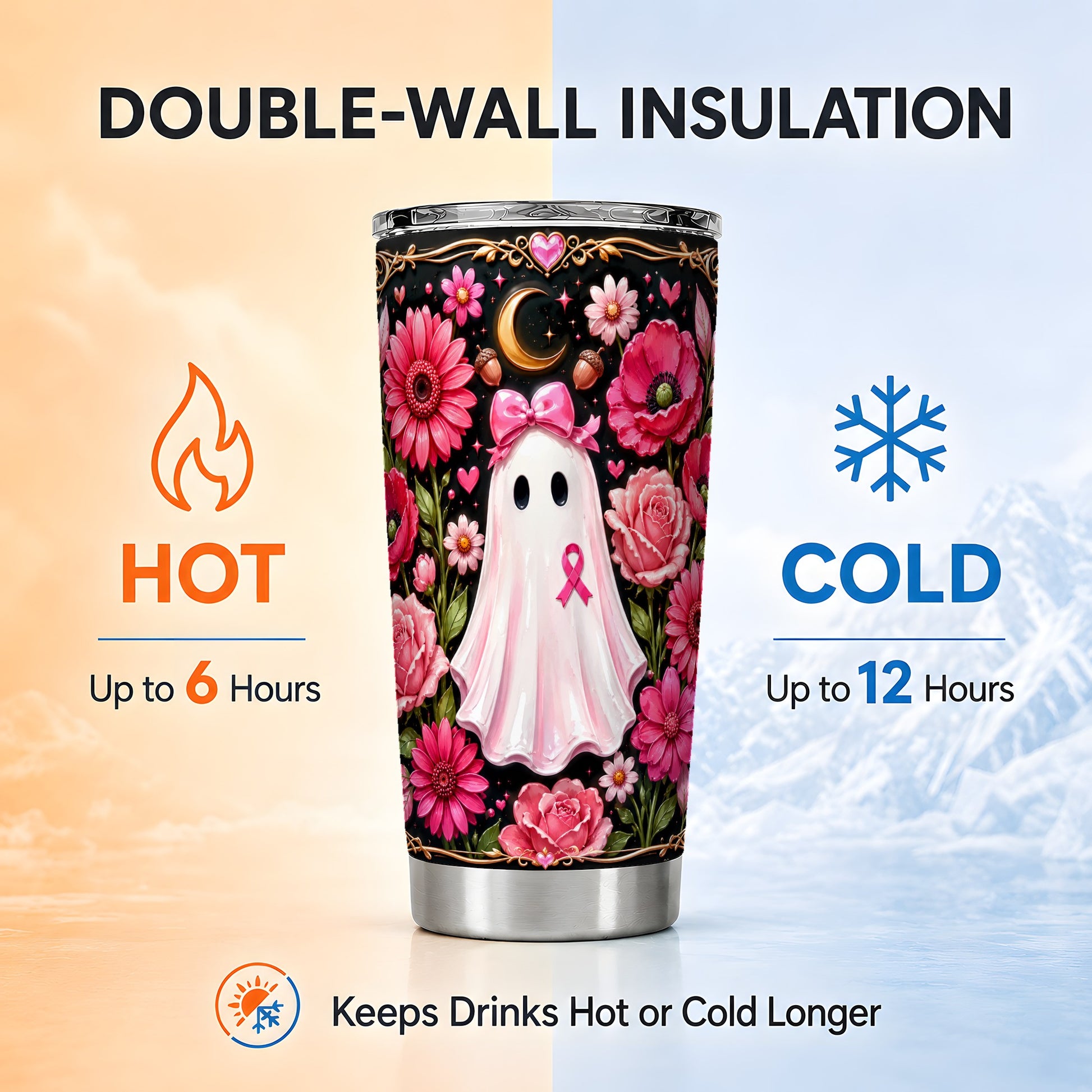 #pl[Steel] Ribbon Ghost Tumbler 20oz, Awareness Tumbler, Stainless Steel Travel Cup