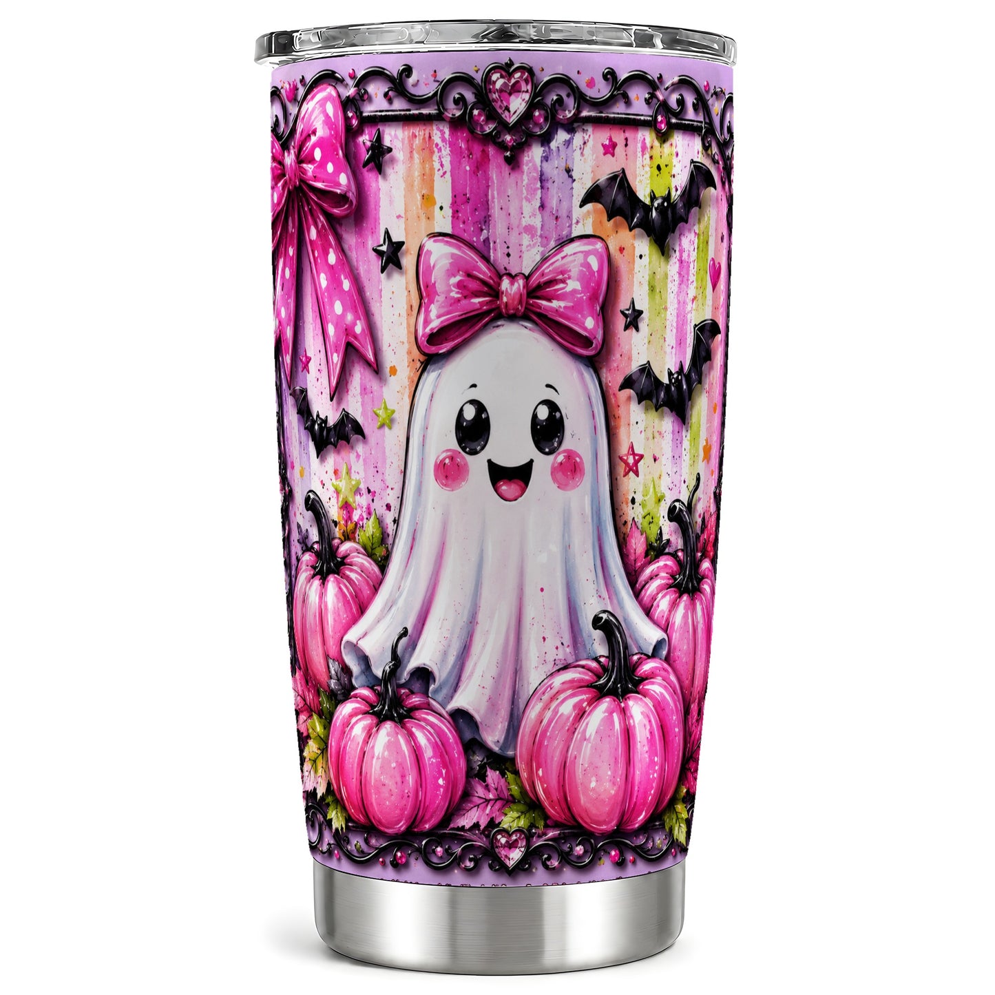 #pl[Steel] Cute Pink Ghost Tumbler 20oz, Halloween Tumbler, Stainless Steel Travel Cup