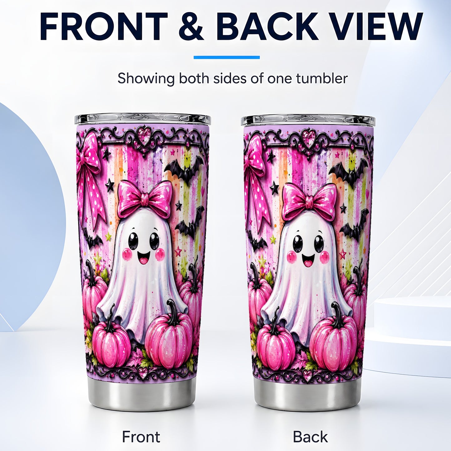 #pl[Steel] Cute Pink Ghost Tumbler 20oz, Halloween Tumbler, Stainless Steel Travel Cup