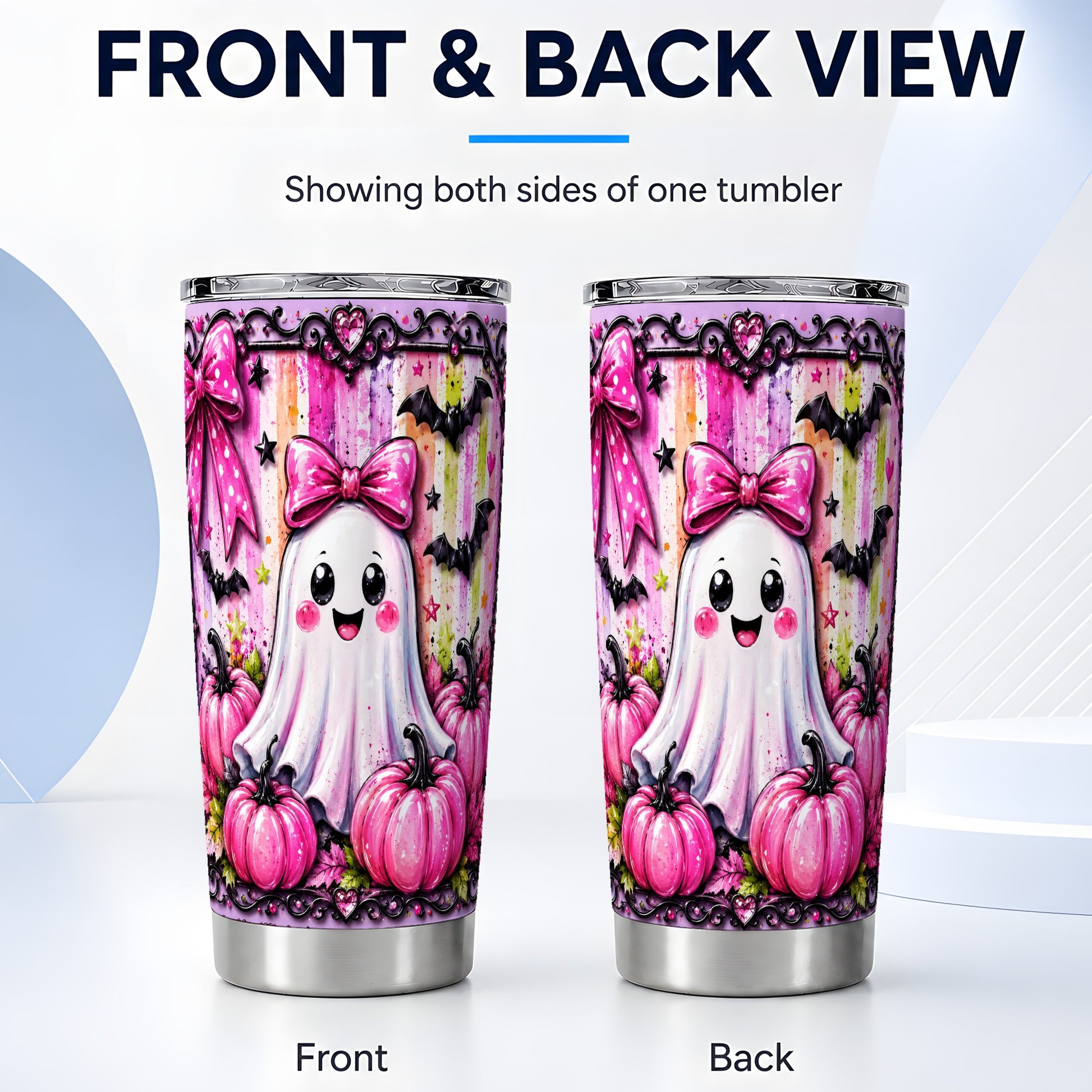 #pl[Steel] Cute Pink Ghost Tumbler 20oz, Halloween Tumbler, Stainless Steel Travel Cup