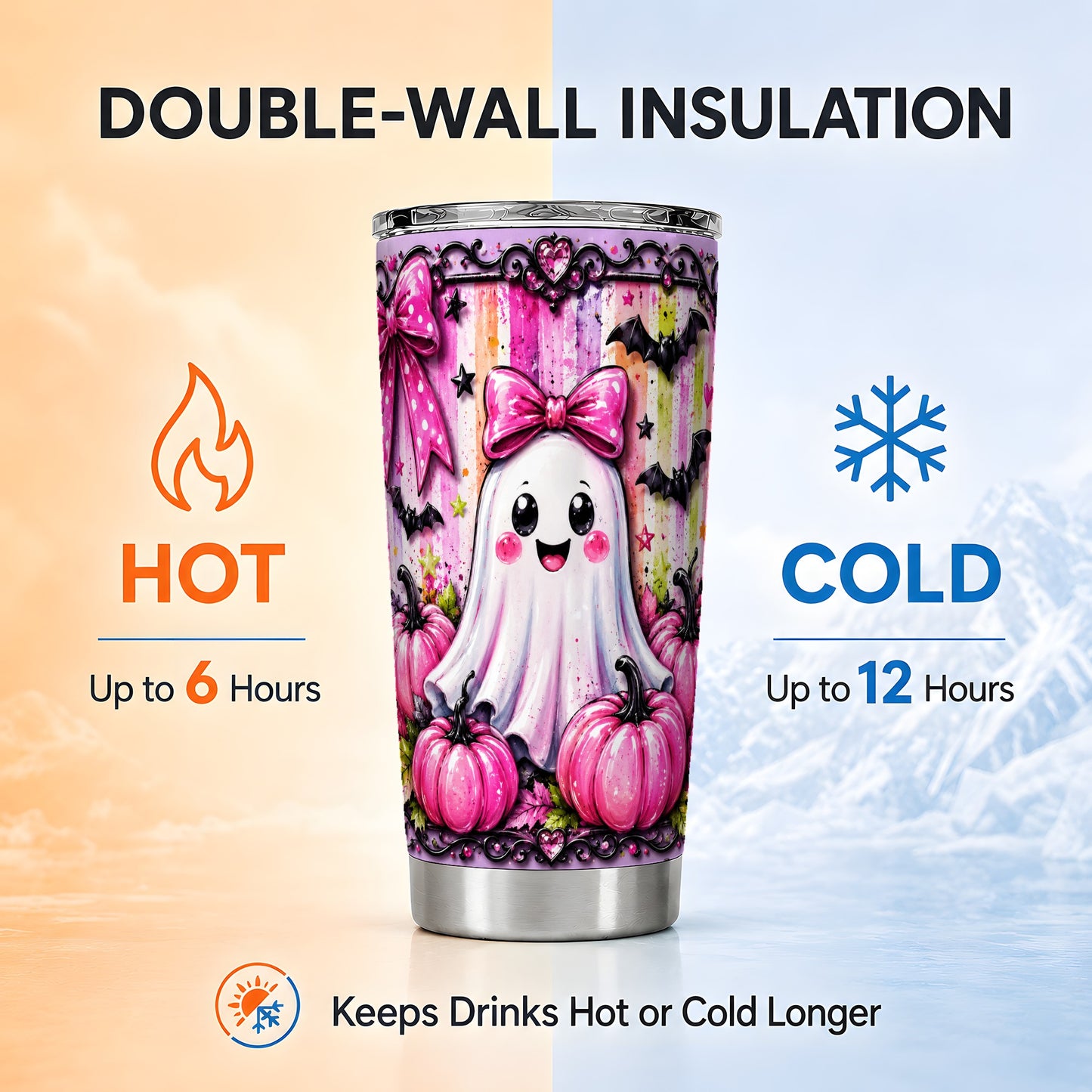 #pl[Steel] Cute Pink Ghost Tumbler 20oz, Halloween Tumbler, Stainless Steel Travel Cup