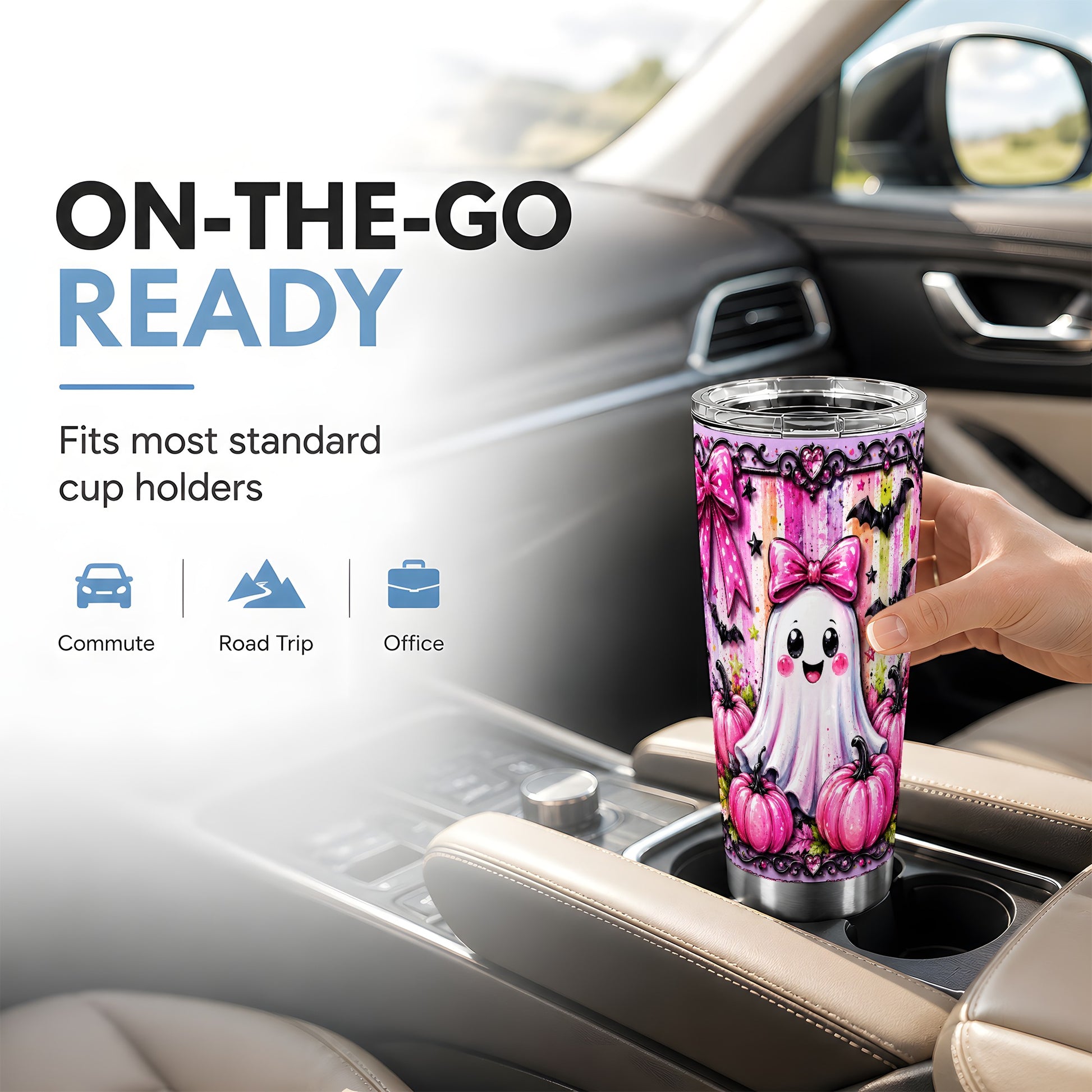 #pl[Steel] Cute Pink Ghost Tumbler 20oz, Halloween Tumbler, Stainless Steel Travel Cup