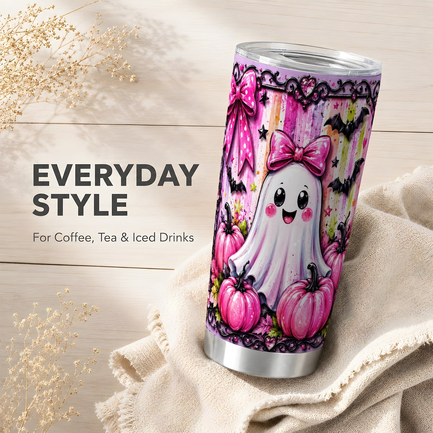 #pl[Steel] Cute Pink Ghost Tumbler 20oz, Halloween Tumbler, Stainless Steel Travel Cup