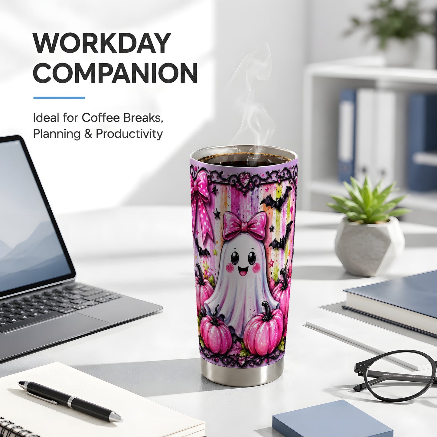 #pl[Steel] Cute Pink Ghost Tumbler 20oz, Halloween Tumbler, Stainless Steel Travel Cup