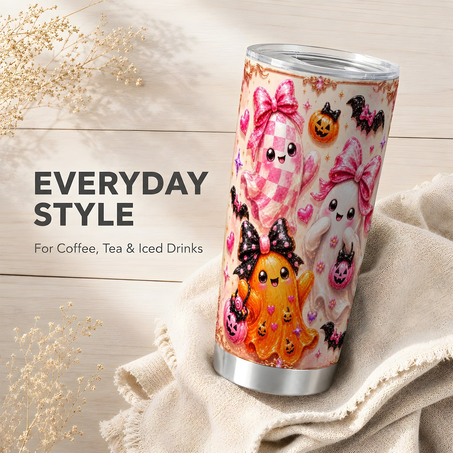 #pl[Steel] Ghost Trio Tumbler 20oz, Pink Halloween Tumbler, Stainless Steel Travel Cup