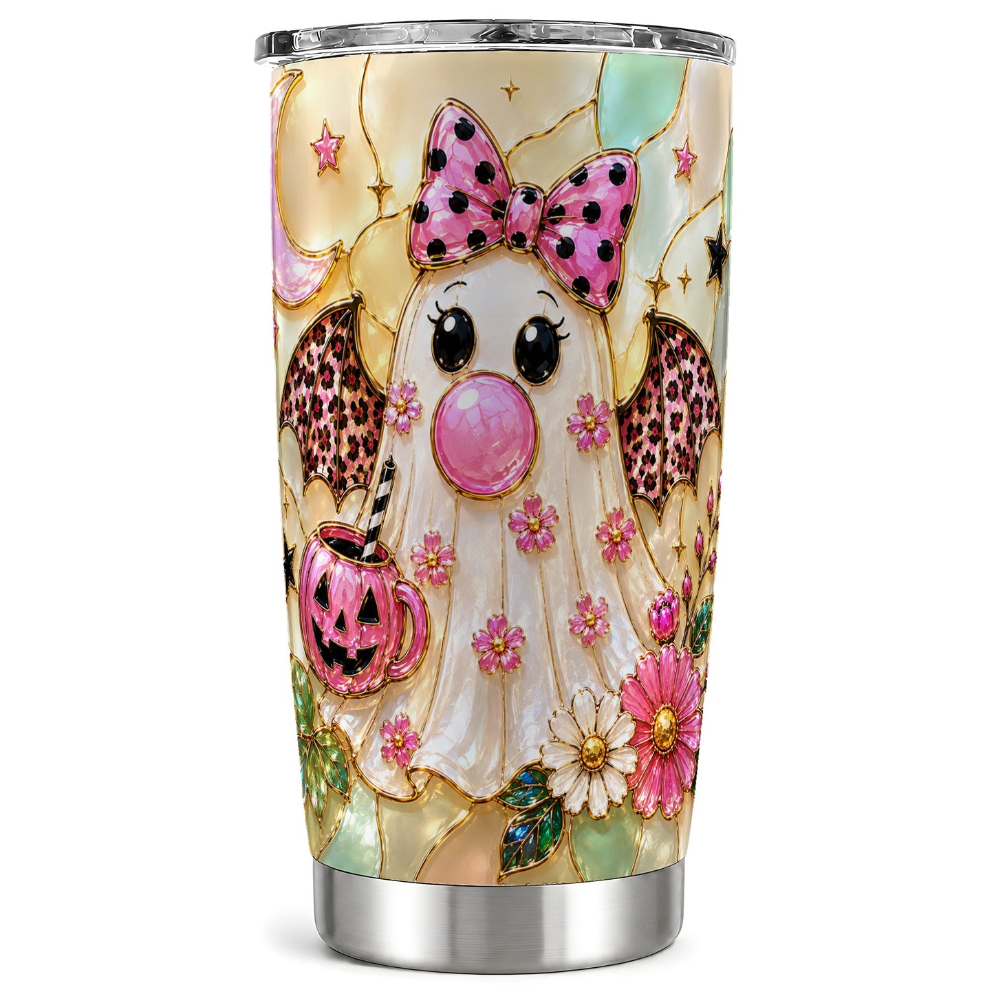 #pl[Steel] Pink Bow Ghost Tumbler 20oz, Halloween Tumbler, Stainless Steel Travel Cup
