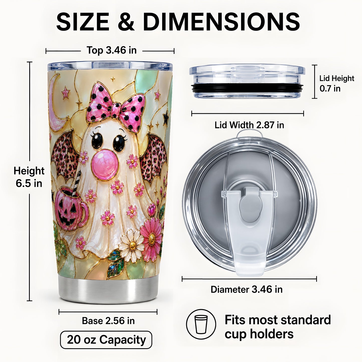 #pl[Steel] Pink Bow Ghost Tumbler 20oz, Halloween Tumbler, Stainless Steel Travel Cup